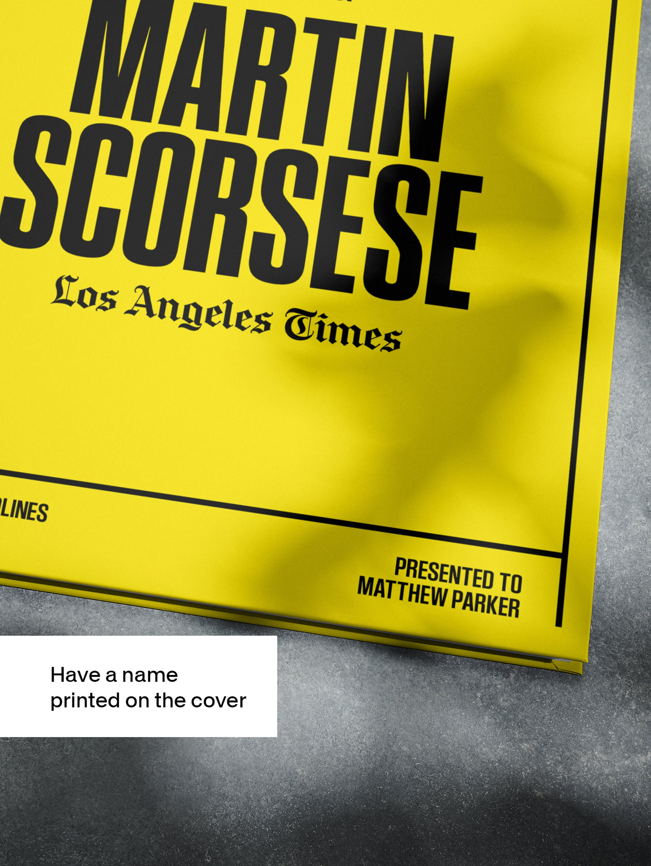 POD book titled "The Story of Martin Scorsese" by Historic Newspapers, featuring a yellow Los Angeles Times front page with Scorsese images.
