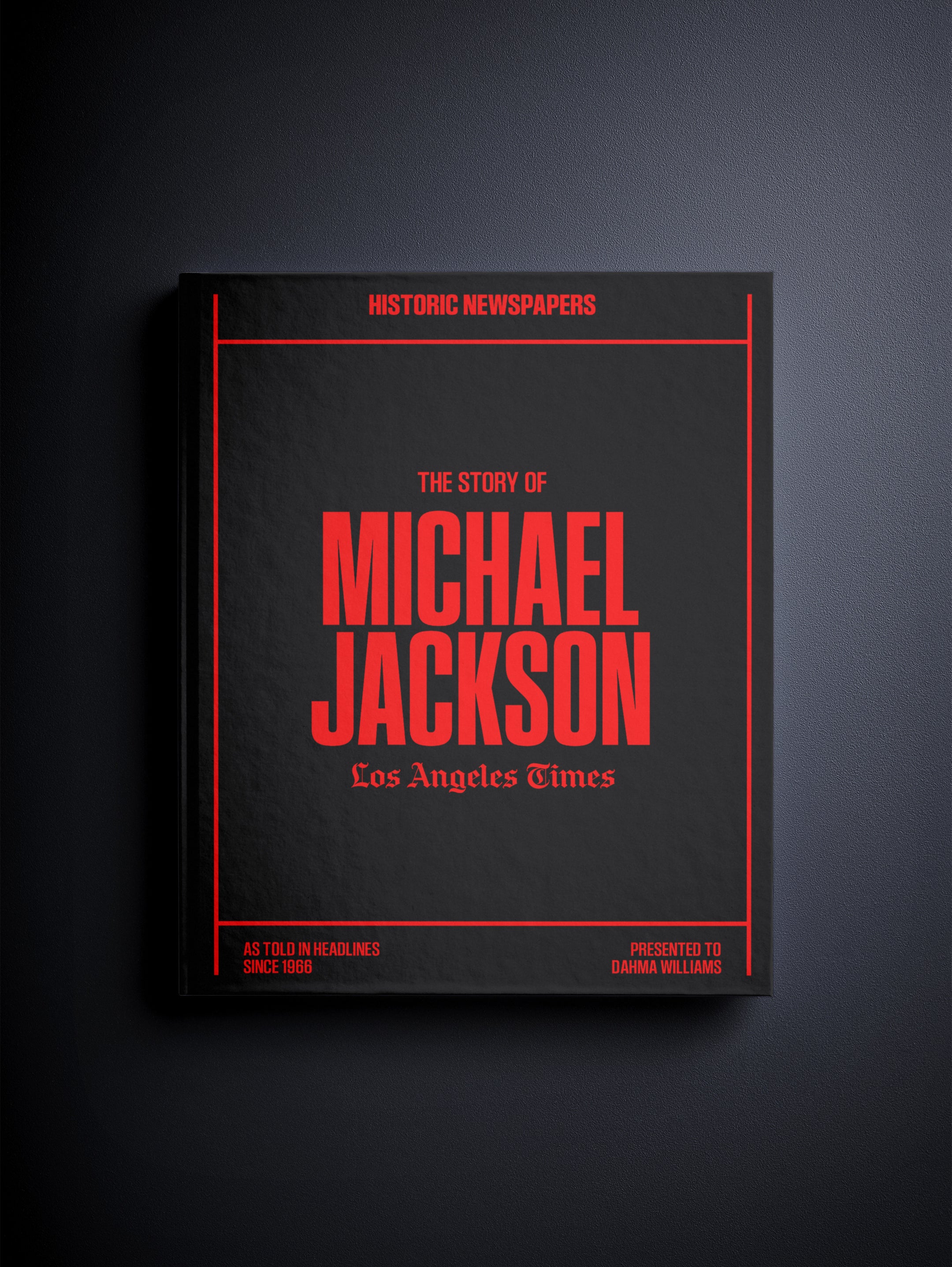 Historic Newspapers POD book featuring The Story of Michael Jackson Los Angeles Times edition on a newsstand with black and white print.