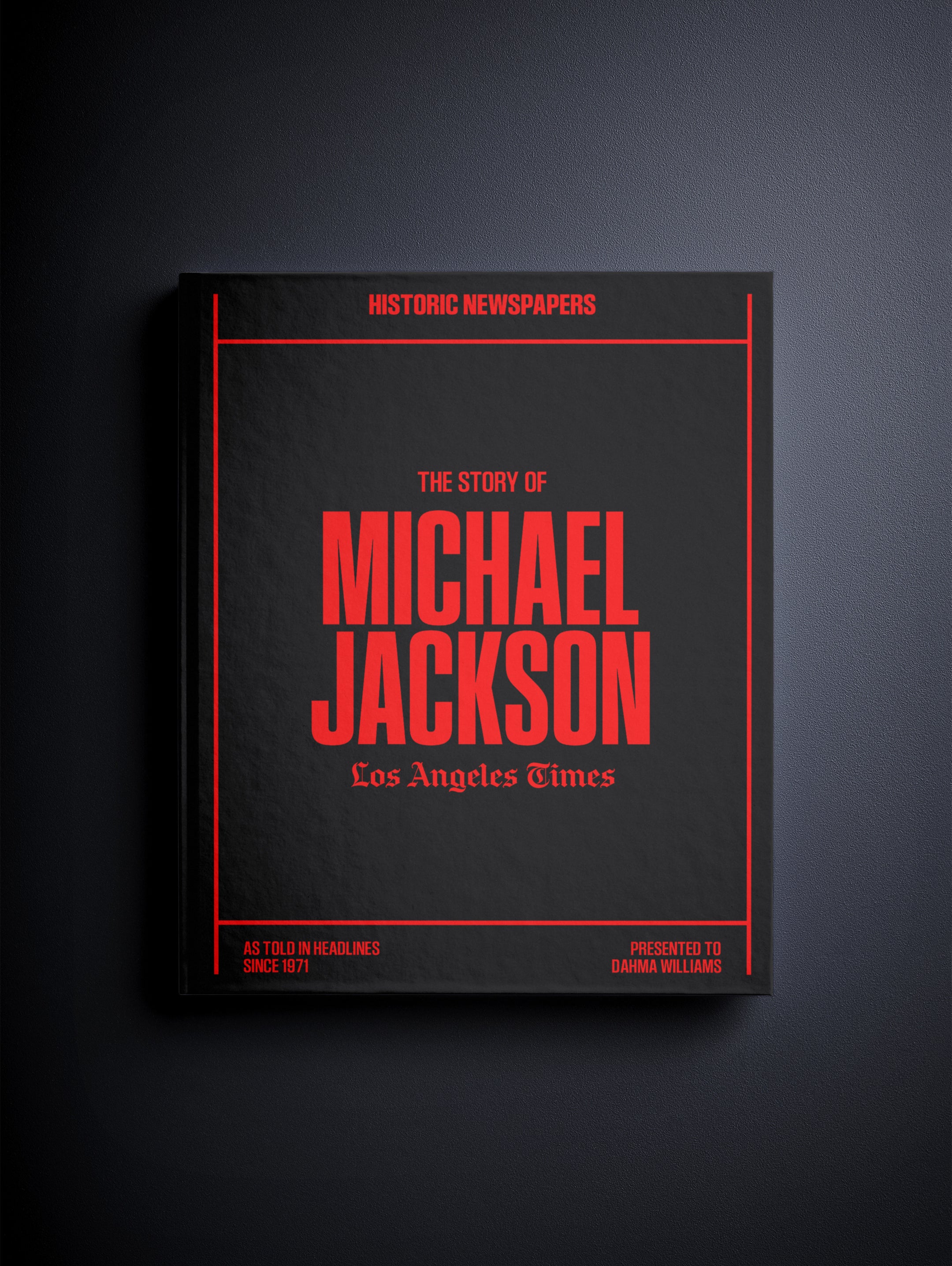 Cover of The Story of Michael Jackson Los Angeles Times Edition POD book by Historic Newspapers, featuring a black-and-white image of Michael Jackson.