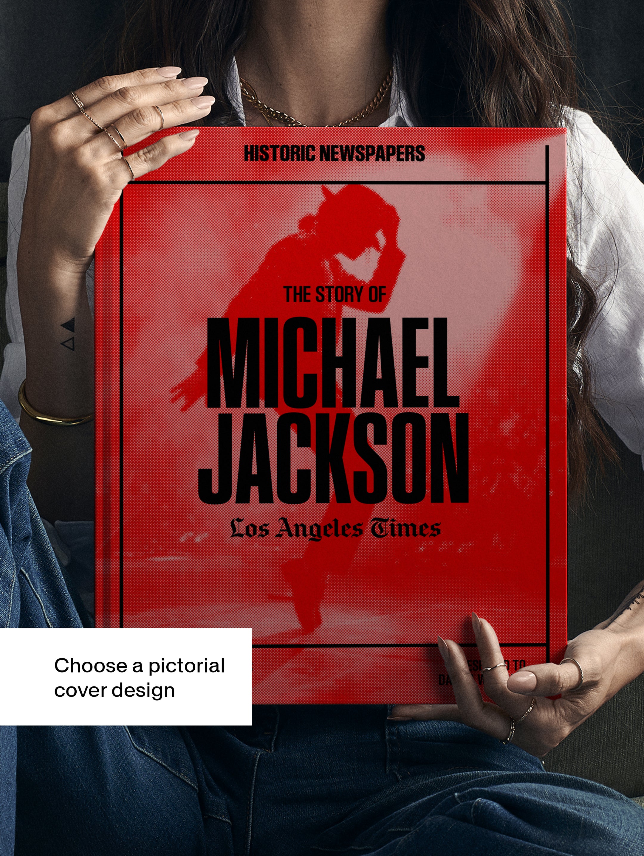 Historic Newspapers POD book featuring The Story of Michael Jackson Los Angeles Times edition with a red cover image and newspaper cover design.