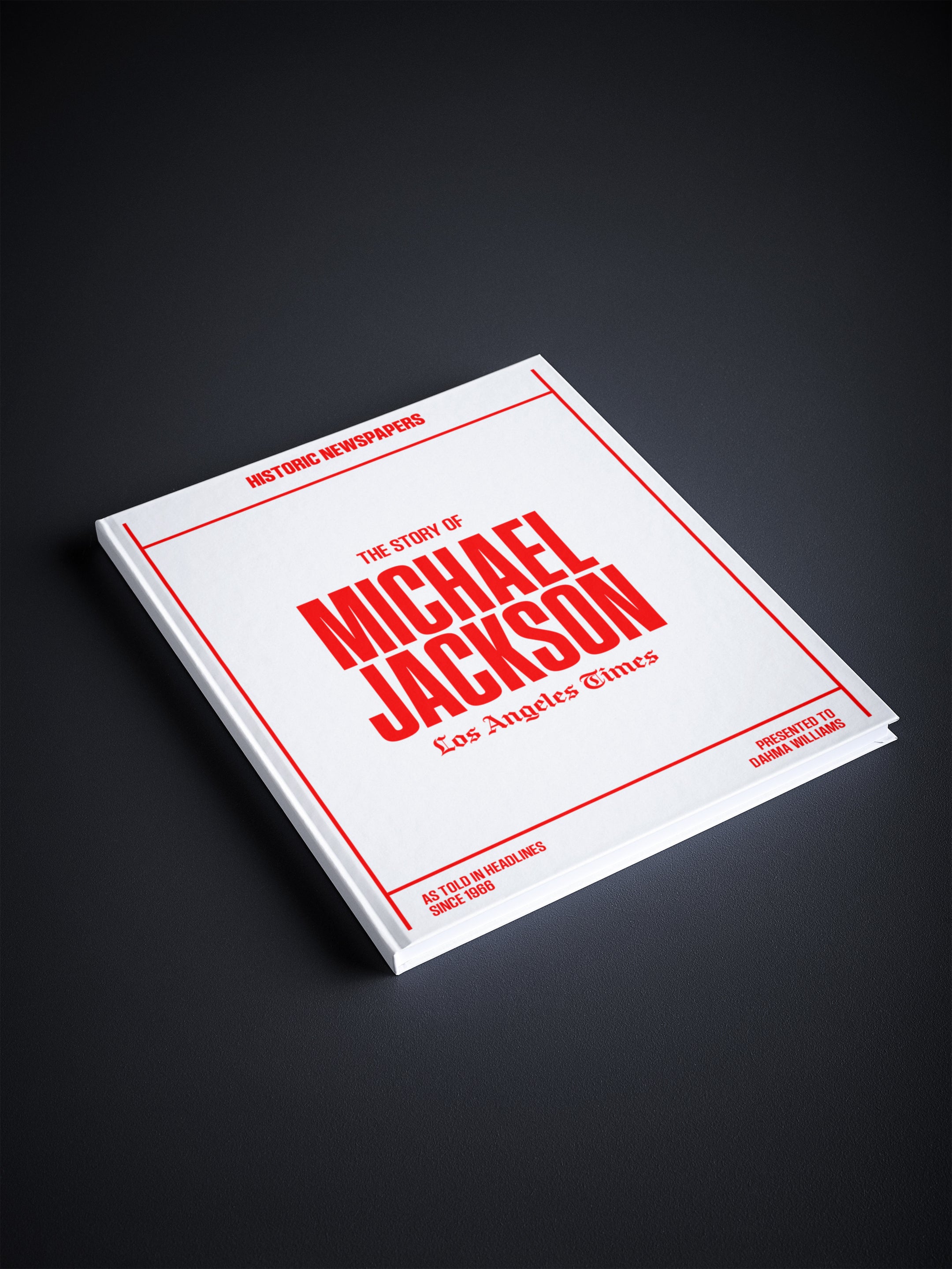 Historic Newspapers POD book featuring the Los Angeles Times edition about Michael Jackson, displayed on a newsstand.
