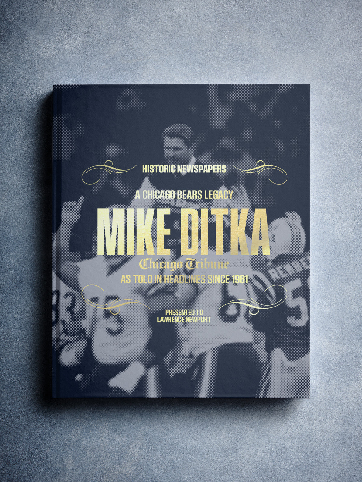 Chicago Bears Legacy Mike Ditka Chicago Tribune Edition POD book by Historic Newspapers, featuring a midnight-themed image of Mike Ditka.