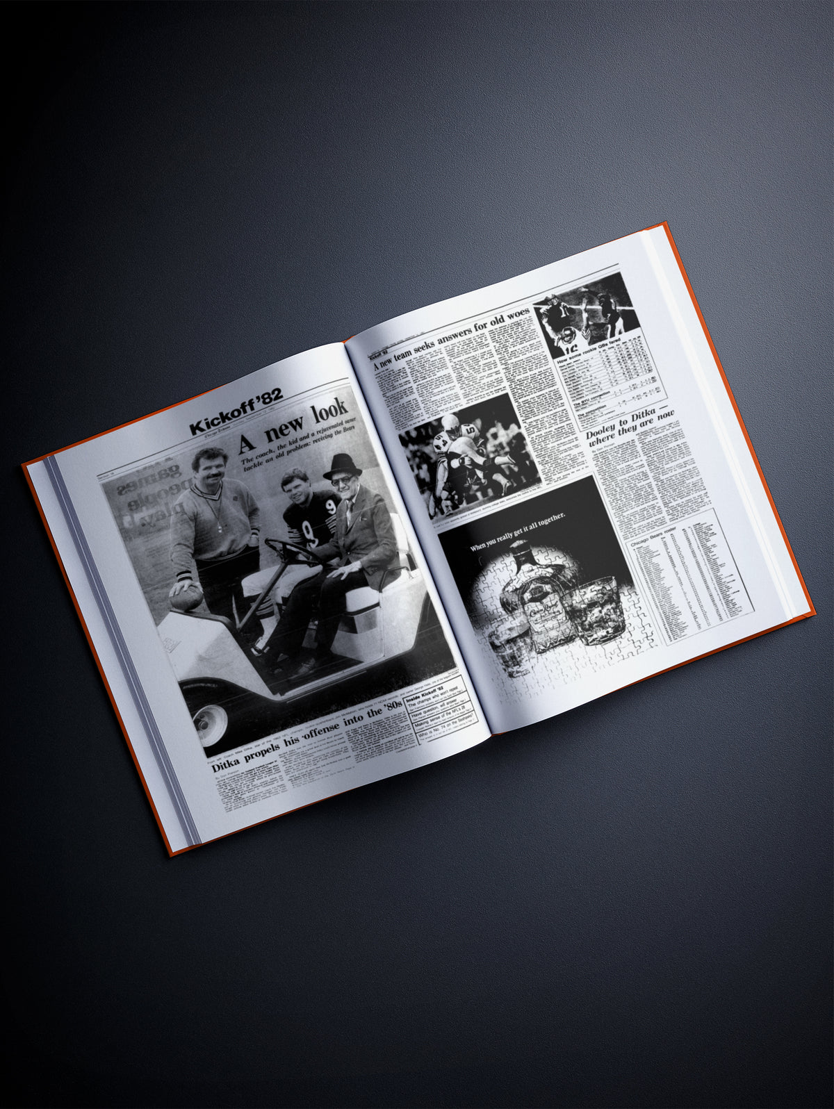 Chicago Bears Legacy Mike Ditka Chicago Tribune Edition POD book with historic newspaper cover featuring Mike Ditka in orange.