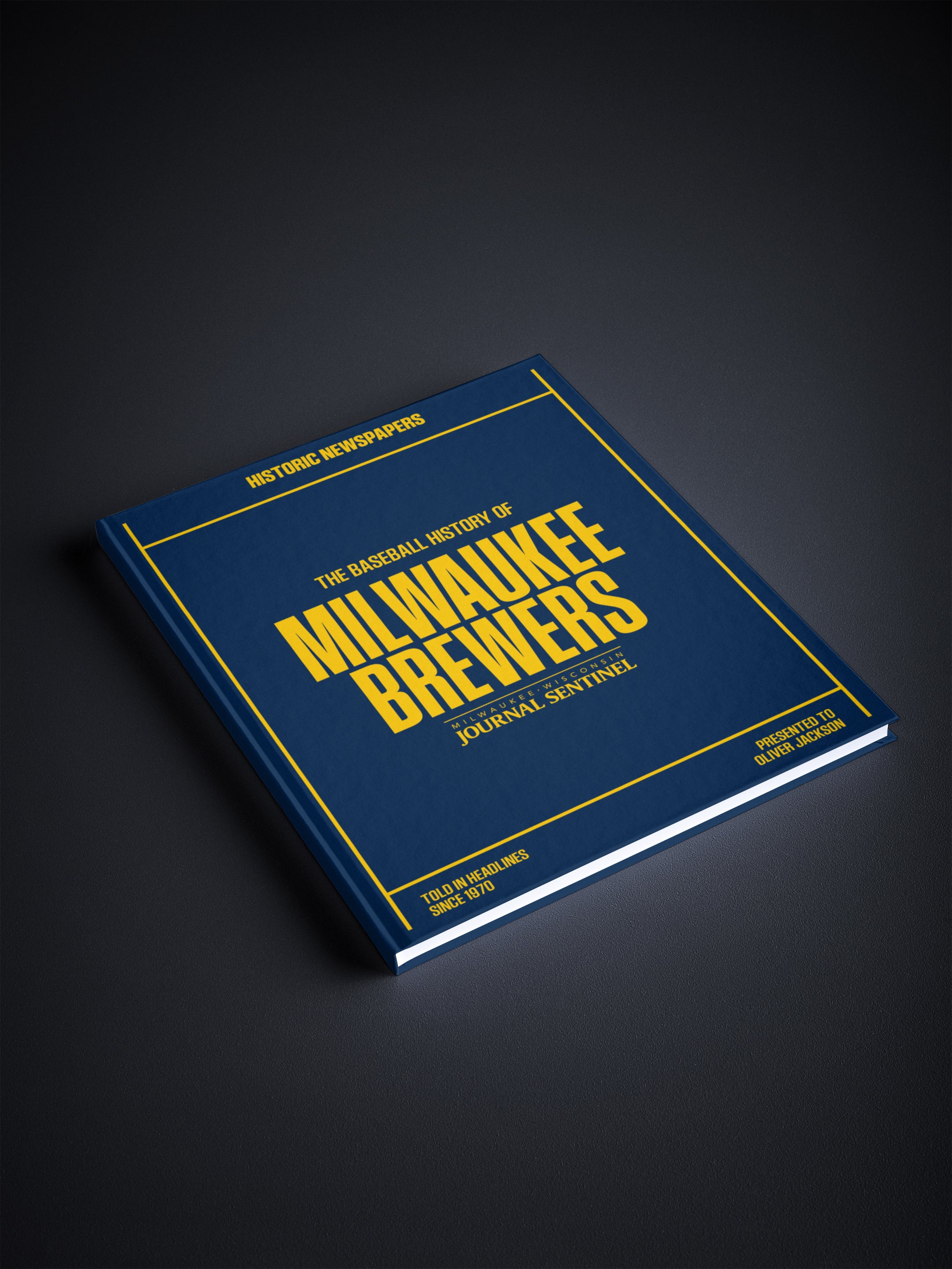 A POD book titled "The Baseball History of Milwaukee Brewers" by Historic Newspapers, featuring a blue cover with vintage baseball imagery.