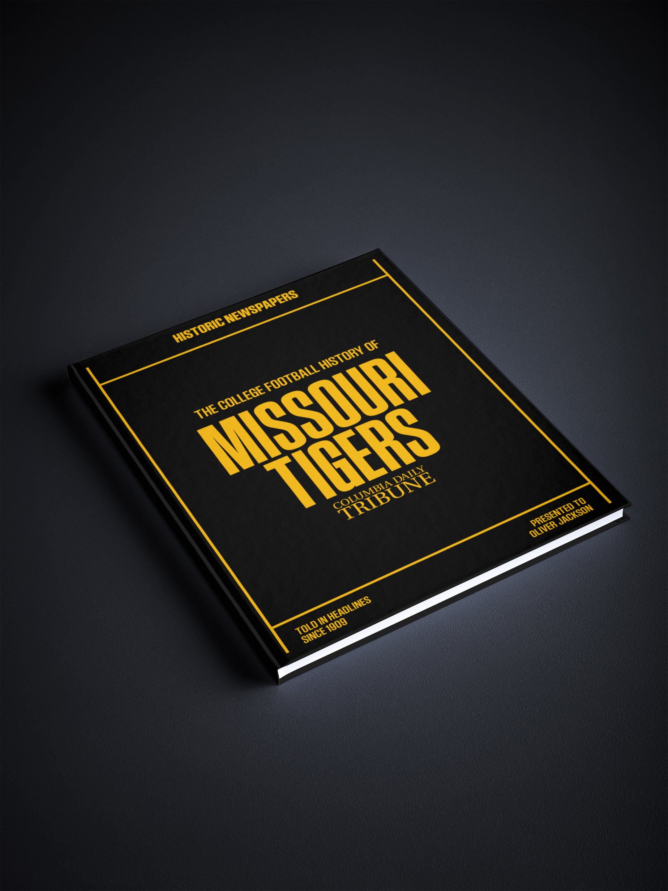 Black and white POD book cover featuring Missouri Tigers college football history, with historic newspaper headlines and images.