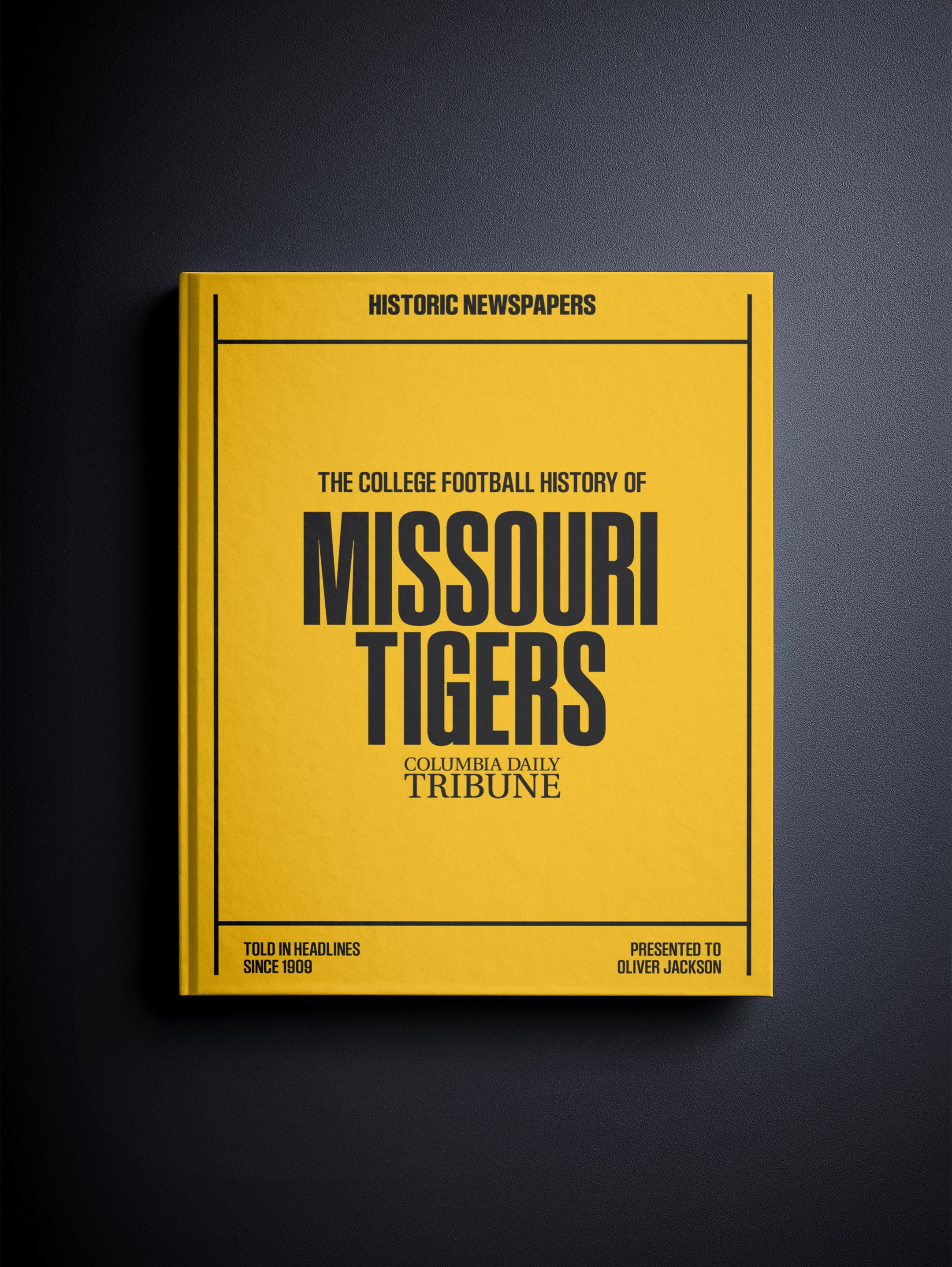 Historic Newspapers' POD book featuring Missouri Tigers college football history, with a gold-themed cover and vintage newspaper design.