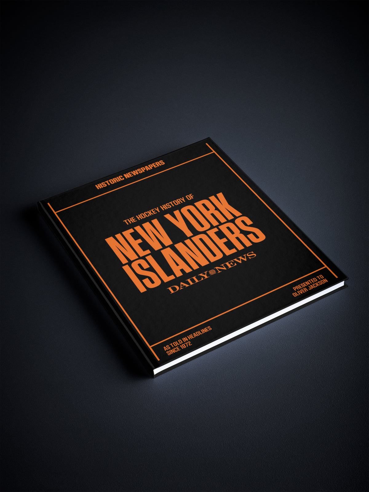 Black and white POD book cover titled "The Hockey History of New York Islanders" by Historic Newspapers, featuring vintage hockey images.