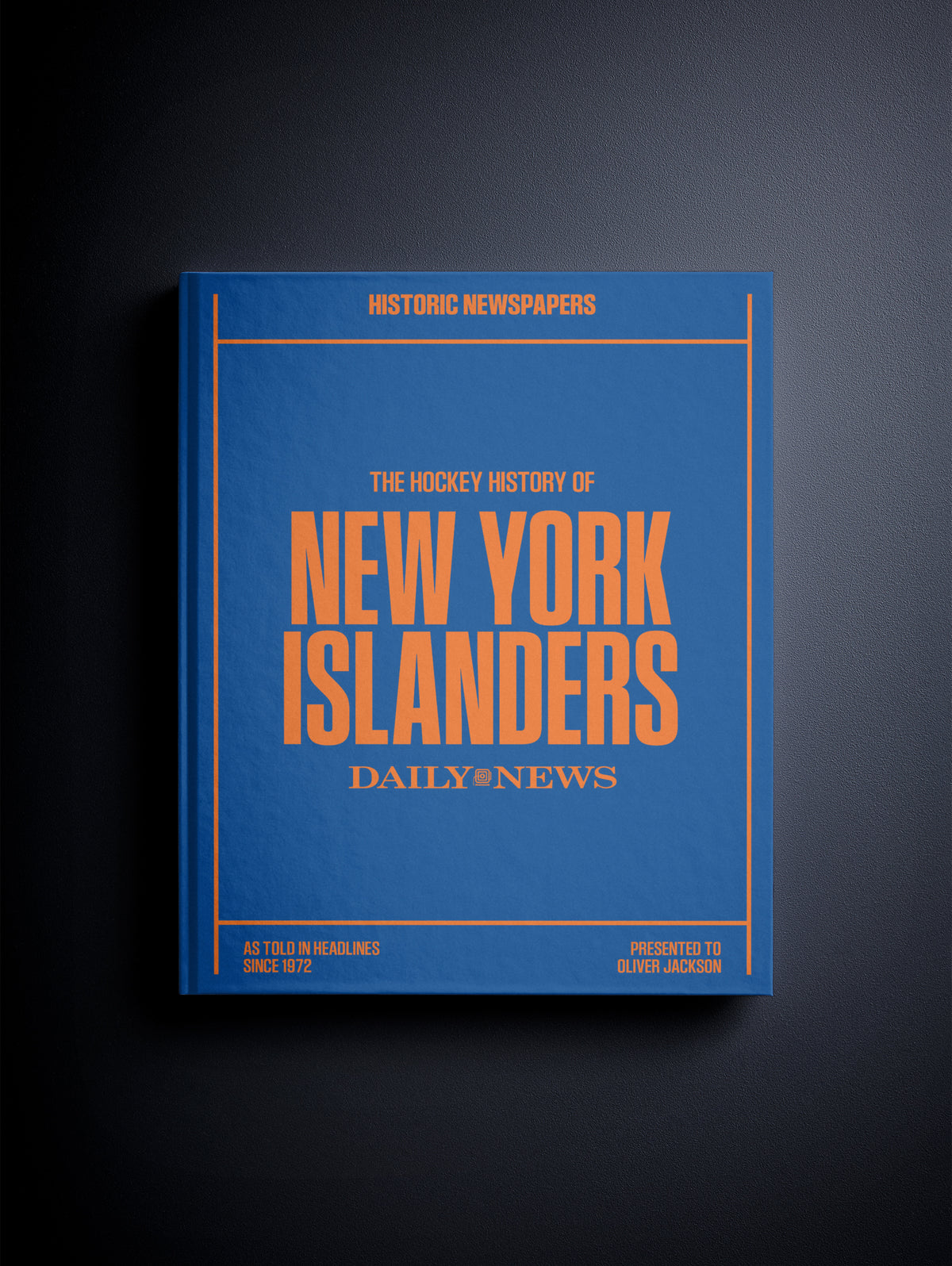 Historic Newspapers' POD book titled The Hockey History of New York Islanders Daily News Edition, featuring a blue cover and hockey images.