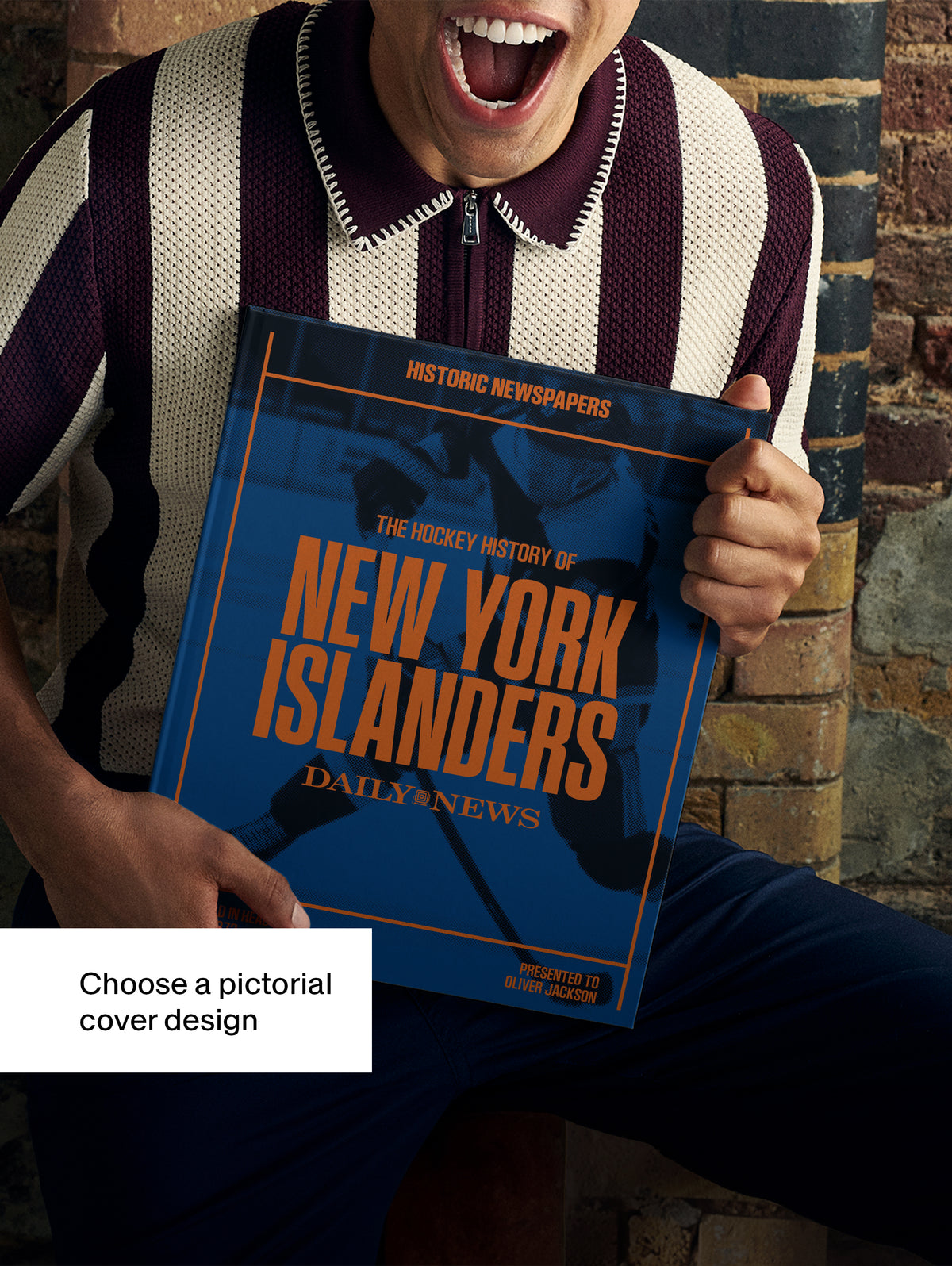 POD book titled "The Hockey History of New York Islanders" by Historic Newspapers, featuring a blue cover with hockey images.