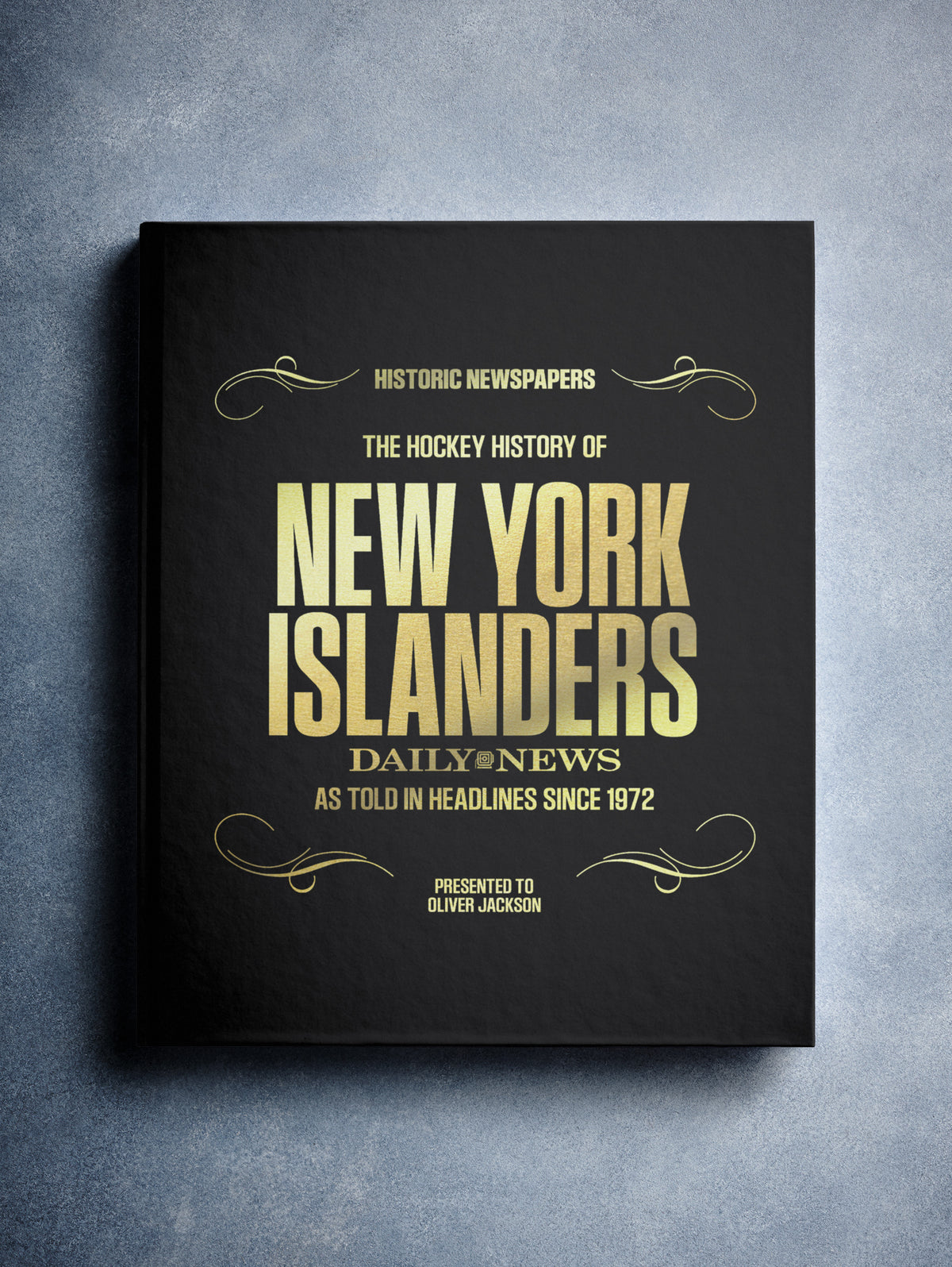Black foil cover POD book titled "The Hockey History of New York Islanders" by Historic Newspapers, featuring vintage hockey news images.