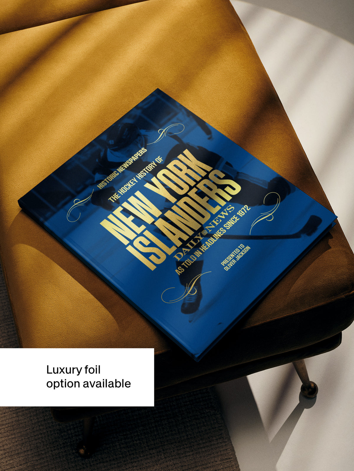 Historic Newspapers' POD book titled "The Hockey History of New York Islanders" featuring a blue foil cover and New York Daily News hockey images