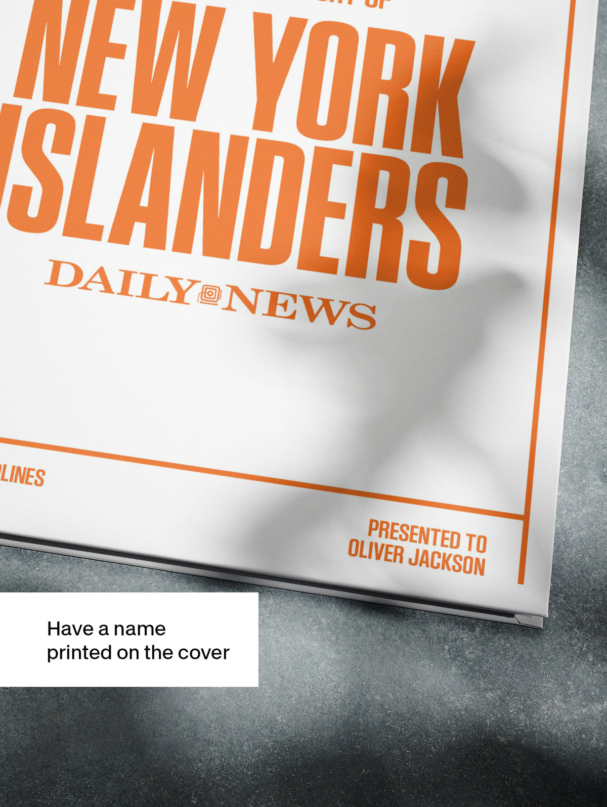 Close-up of The Hockey History of New York Islanders Daily News Edition POD book by Historic Newspapers with hockey-themed cover art.