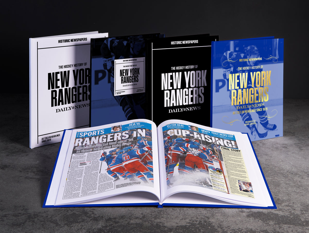 Historic Newspapers POD book titled "The Hockey History of New York Rangers" featuring a daily news edition with a hockey-themed cover.