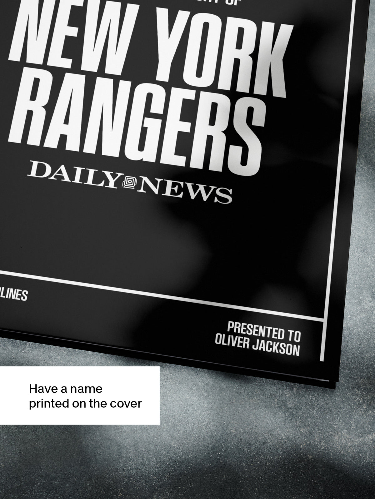Black and white POD book cover titled "The Hockey History of New York Rangers" by Historic Newspapers, featuring vintage hockey imagery.