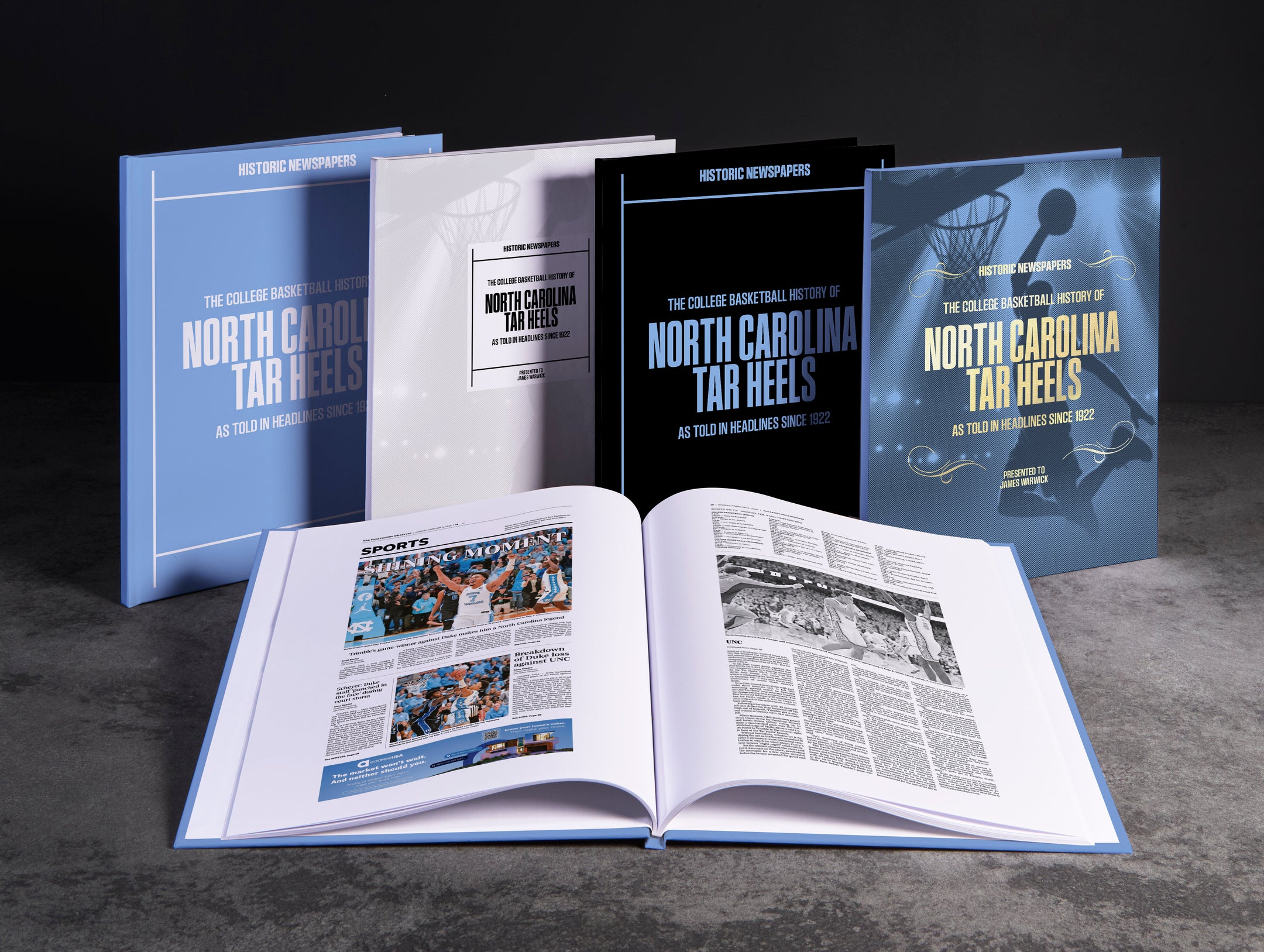 Historic Newspapers POD book featuring the college basketball history of North Carolina Tar Heels.