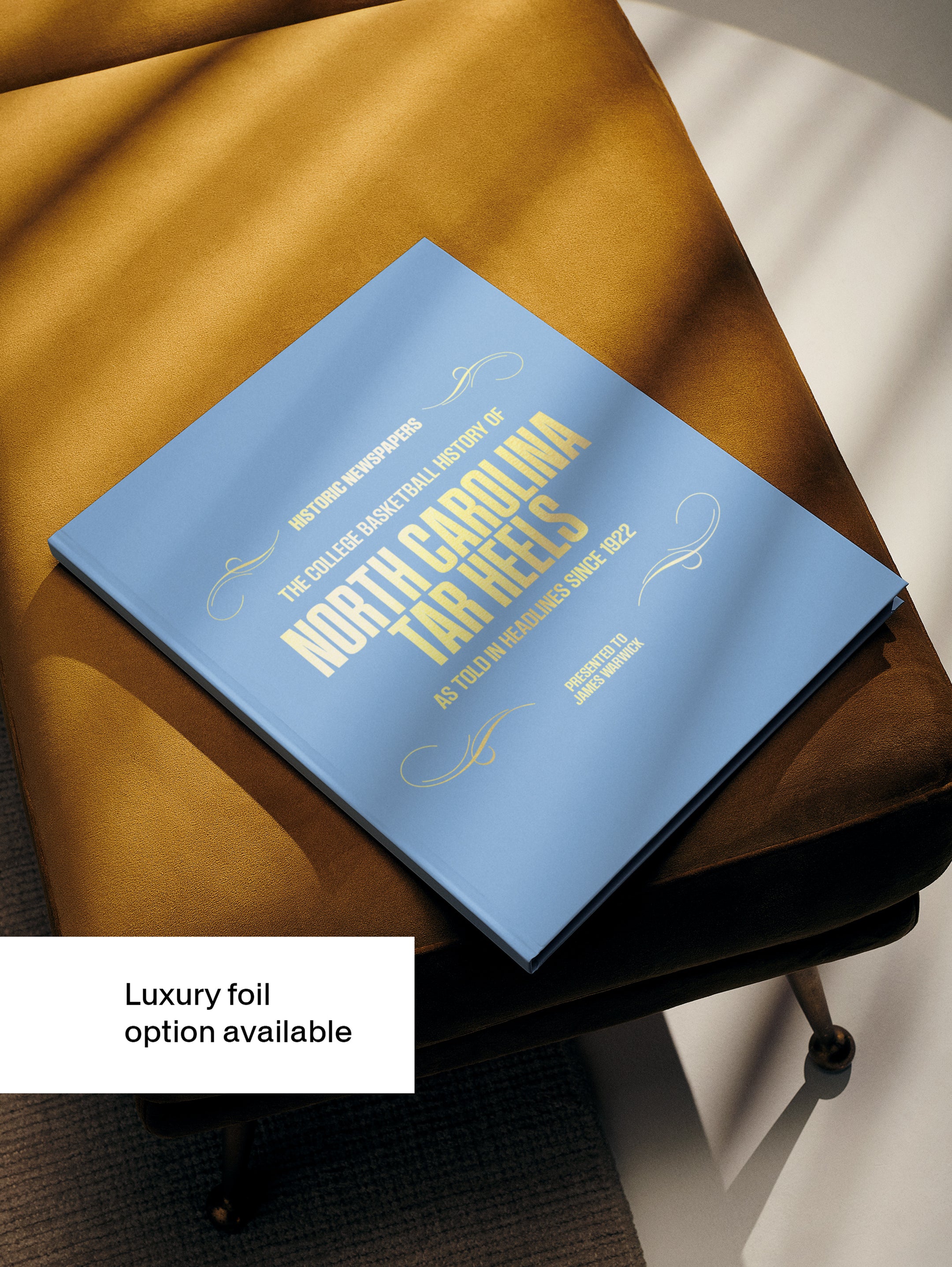 Historic Newspapers POD book featuring North Carolina Tar Heels basketball history, with a foil cover in light blue.