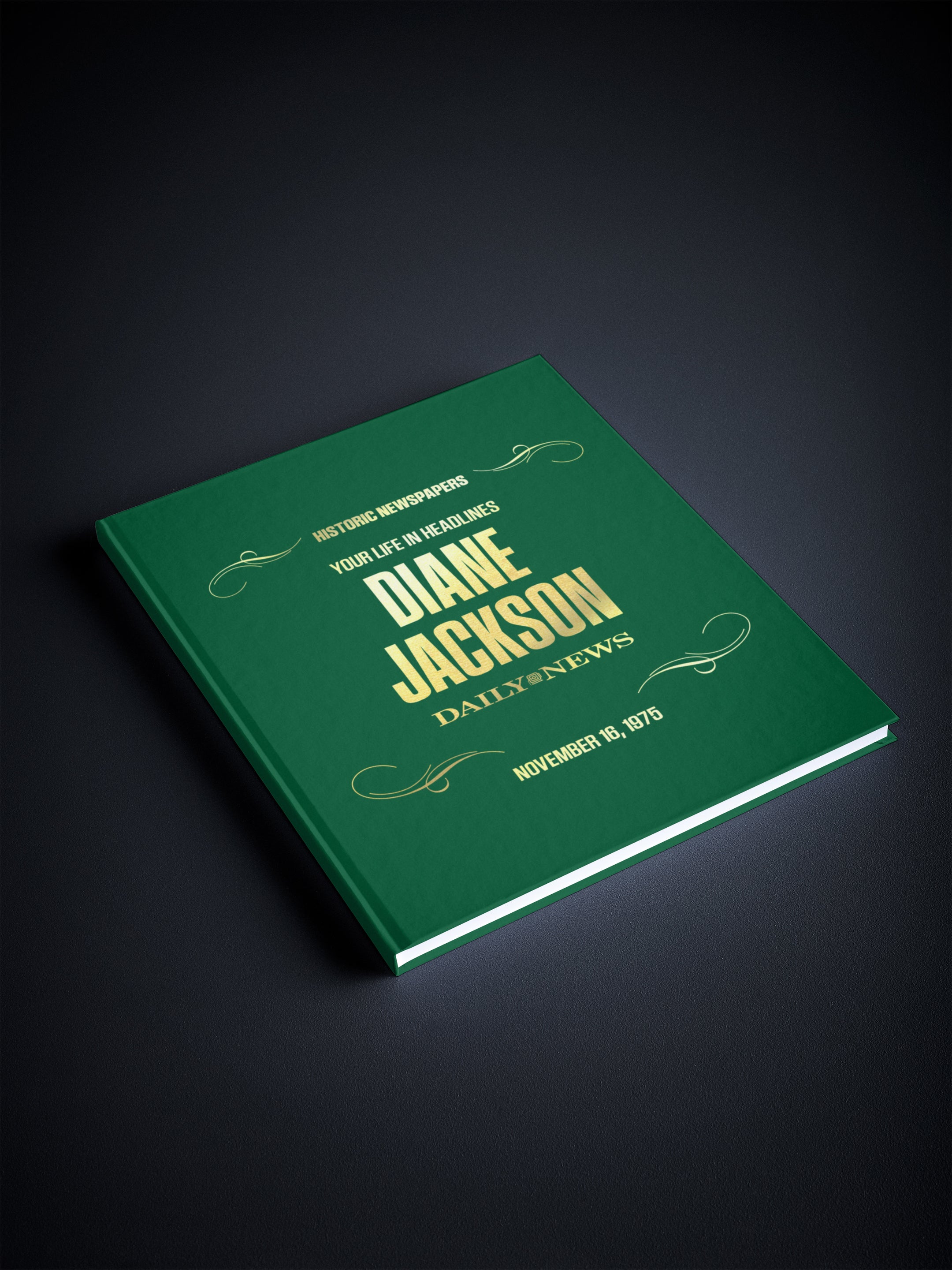 Personalized New York Daily News birthday newspaper book by Historic Newspapers, featuring a green foil cover and historic newspaper pages.