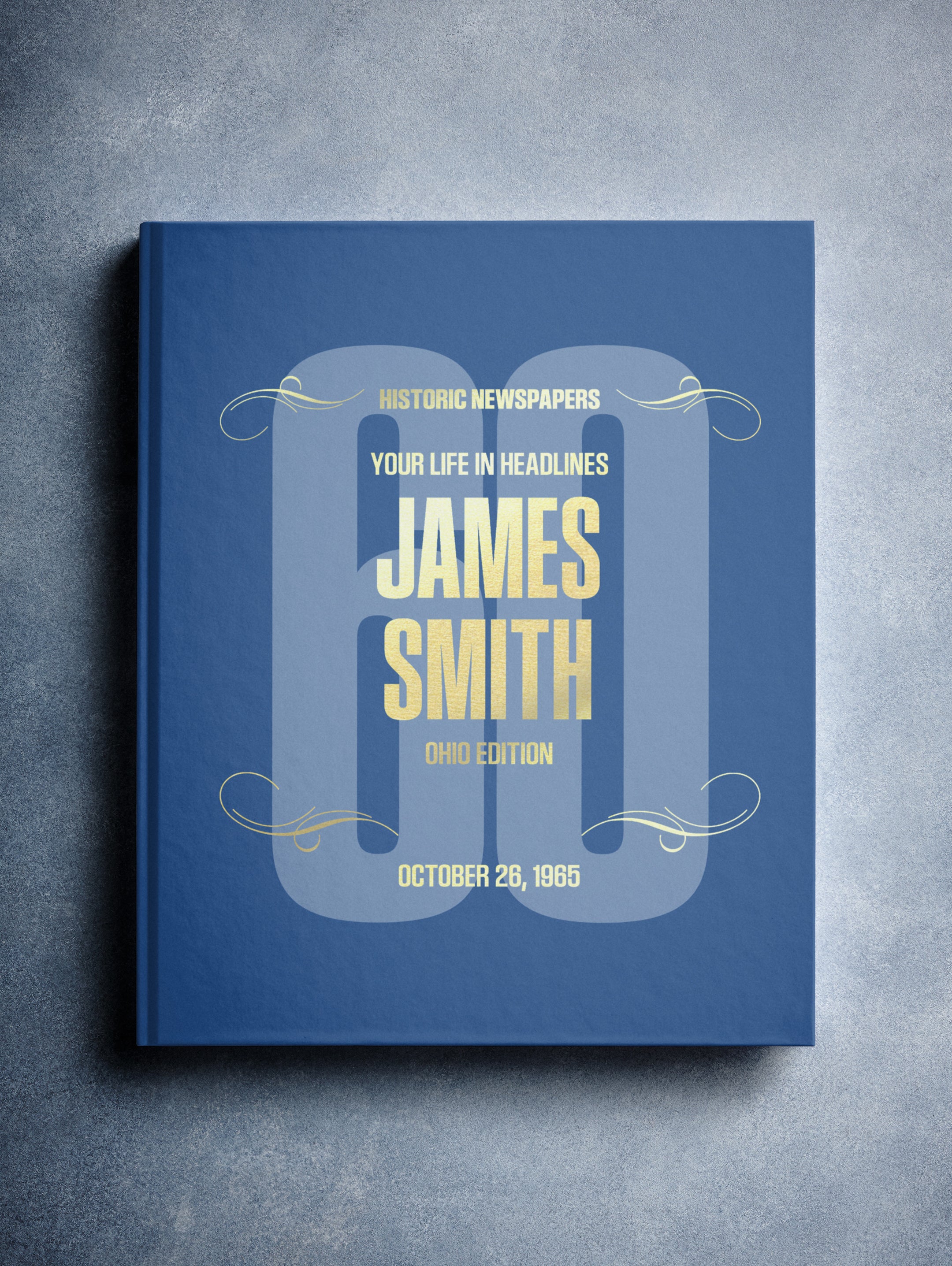Personalized Ohio Birthday Newspaper Book by Historic Newspapers with blue foil cover and custom birthday milestone details.