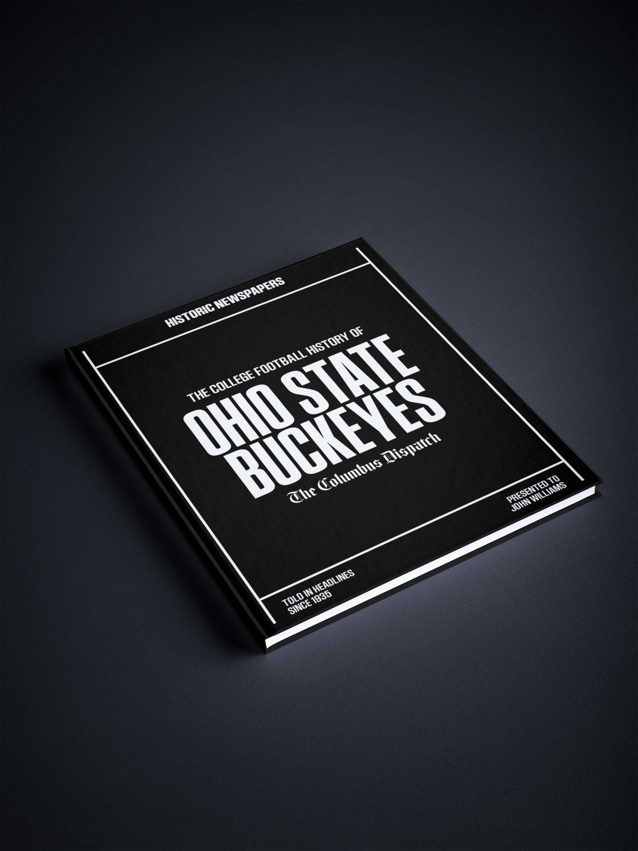 Black and white POD book cover of "The College Football History of Ohio State Buckeyes" by Historic Newspapers, featuring vintage football imagery.