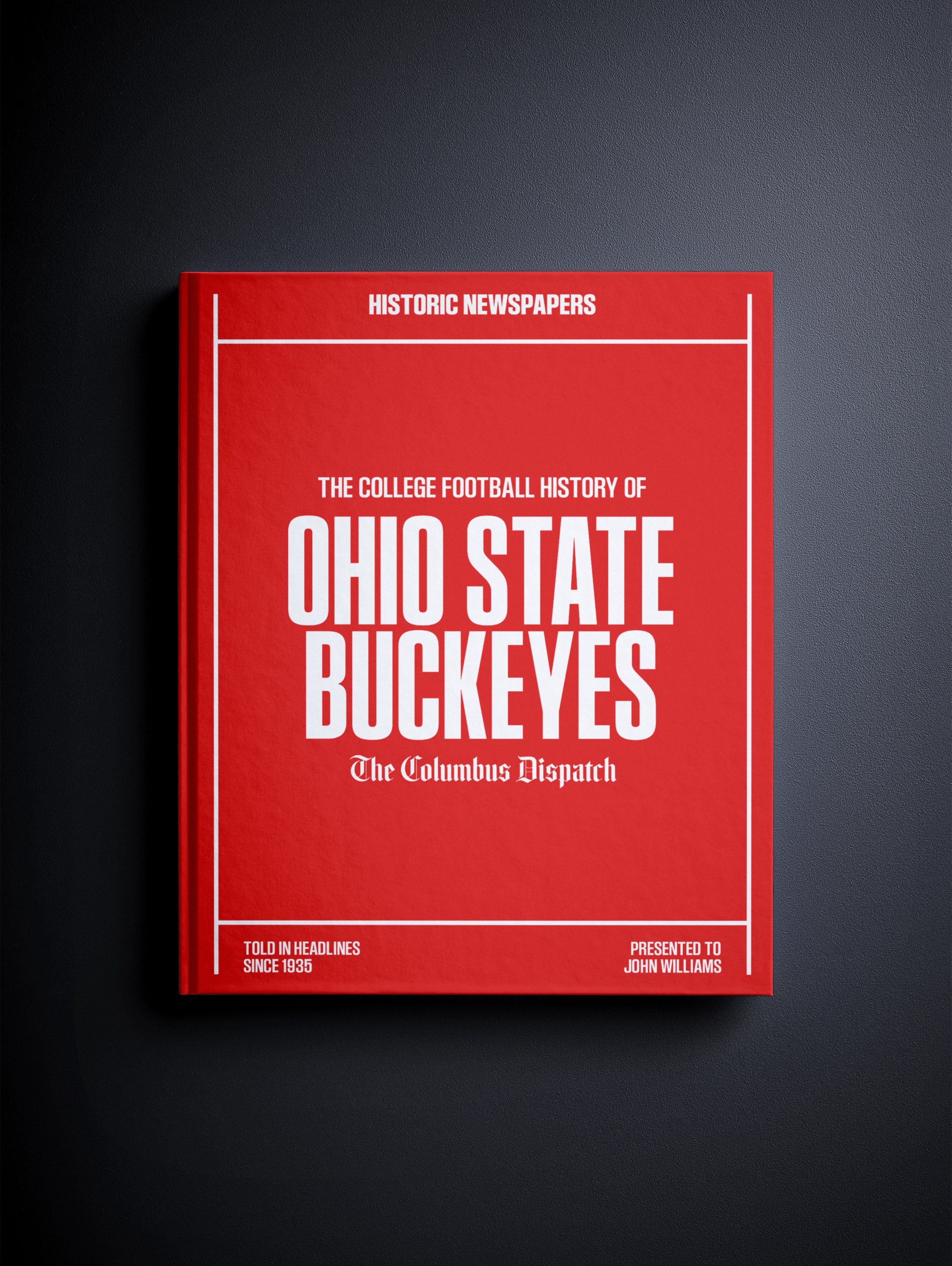 Red POD book titled "The College Football History of Ohio State Buckeyes" by Historic Newspapers, featuring vintage football newsstand images.