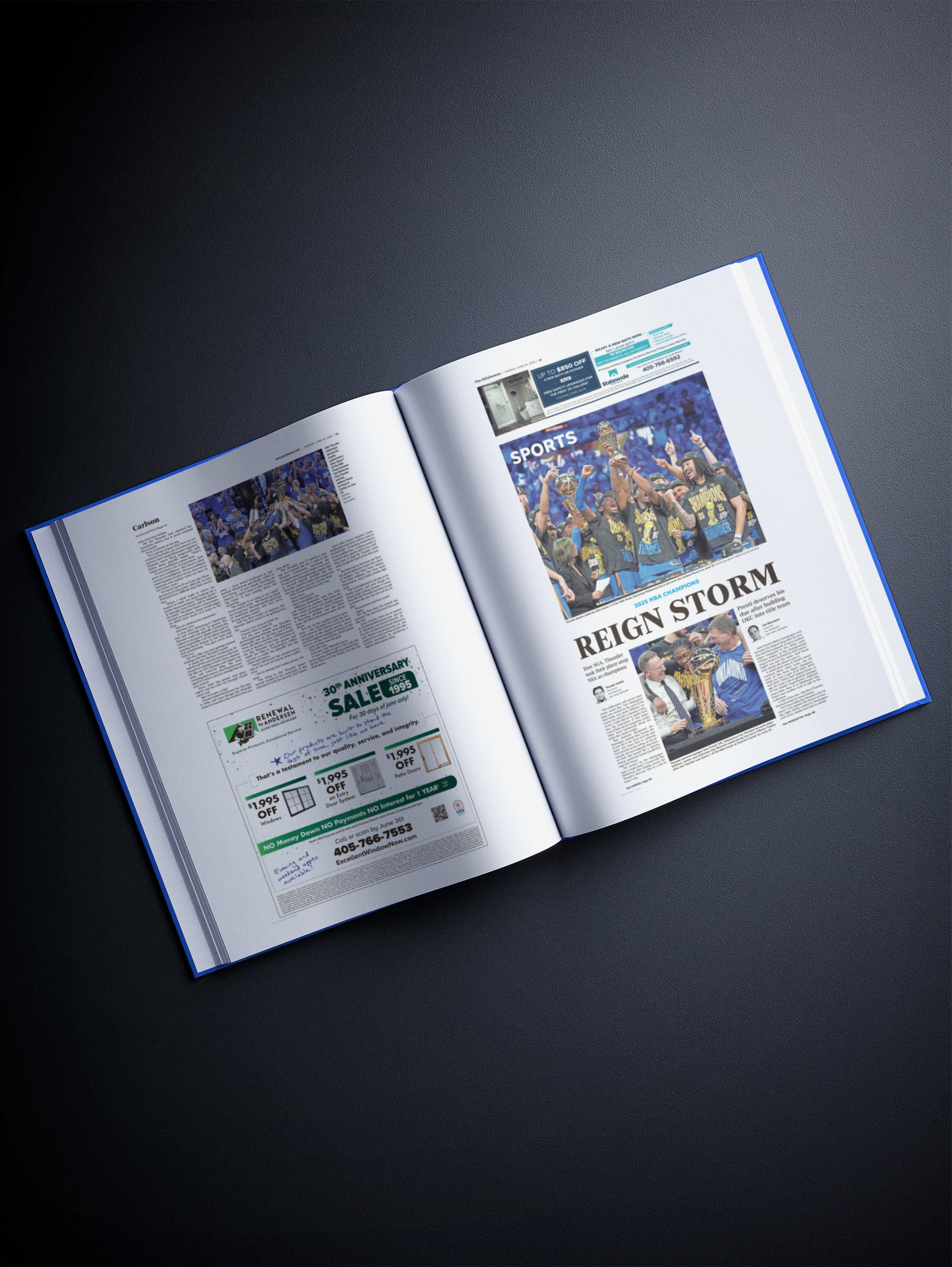 Historic Newspapers POD book titled "The Basketball History of Oklahoma City Thunder" featuring a blue Oklahoma City Thunder basketball image.