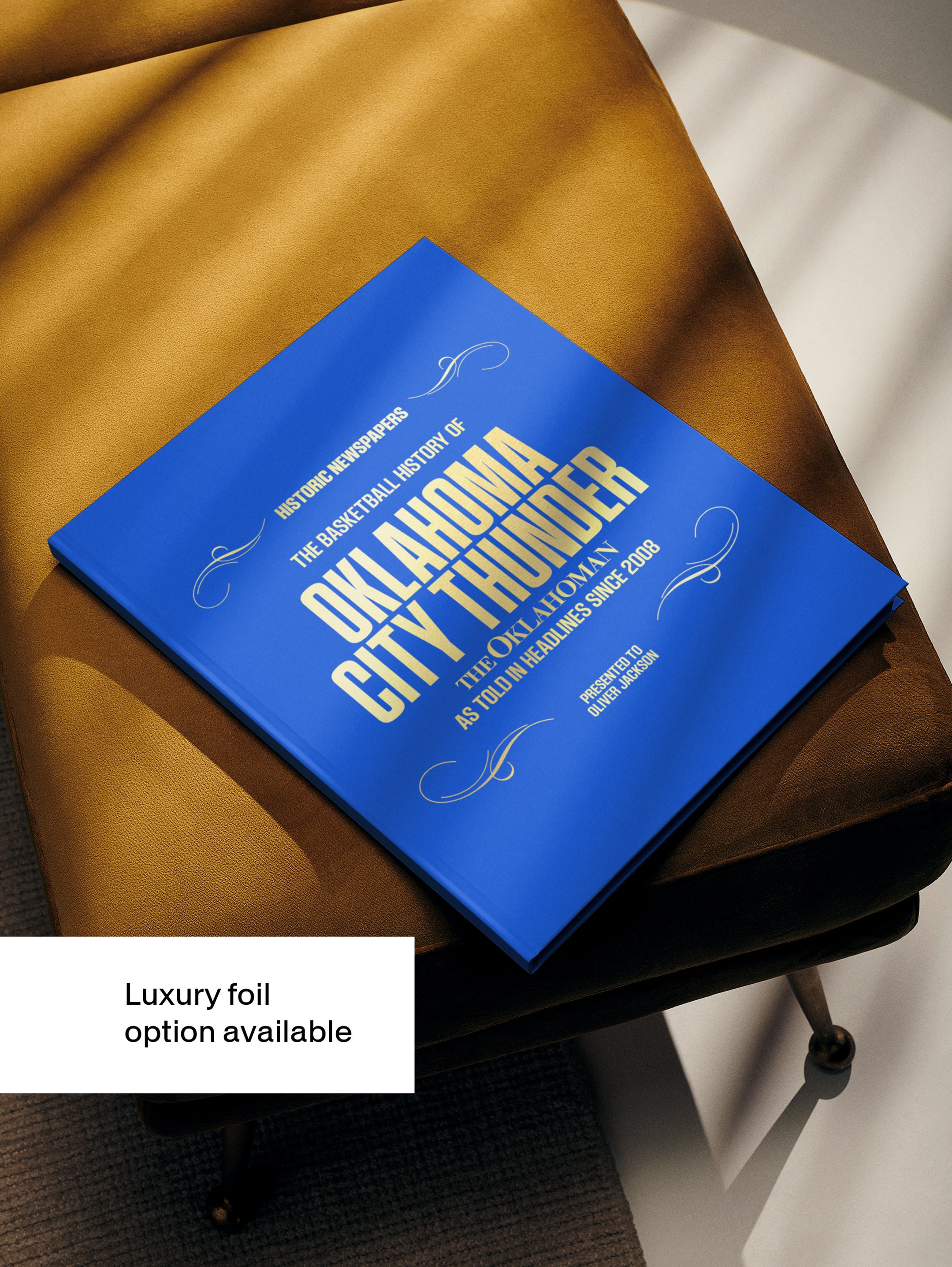 A POD book titled "The Basketball History of Oklahoma City Thunder" by Historic Newspapers, featuring a blue foil cover with basketball imagery.