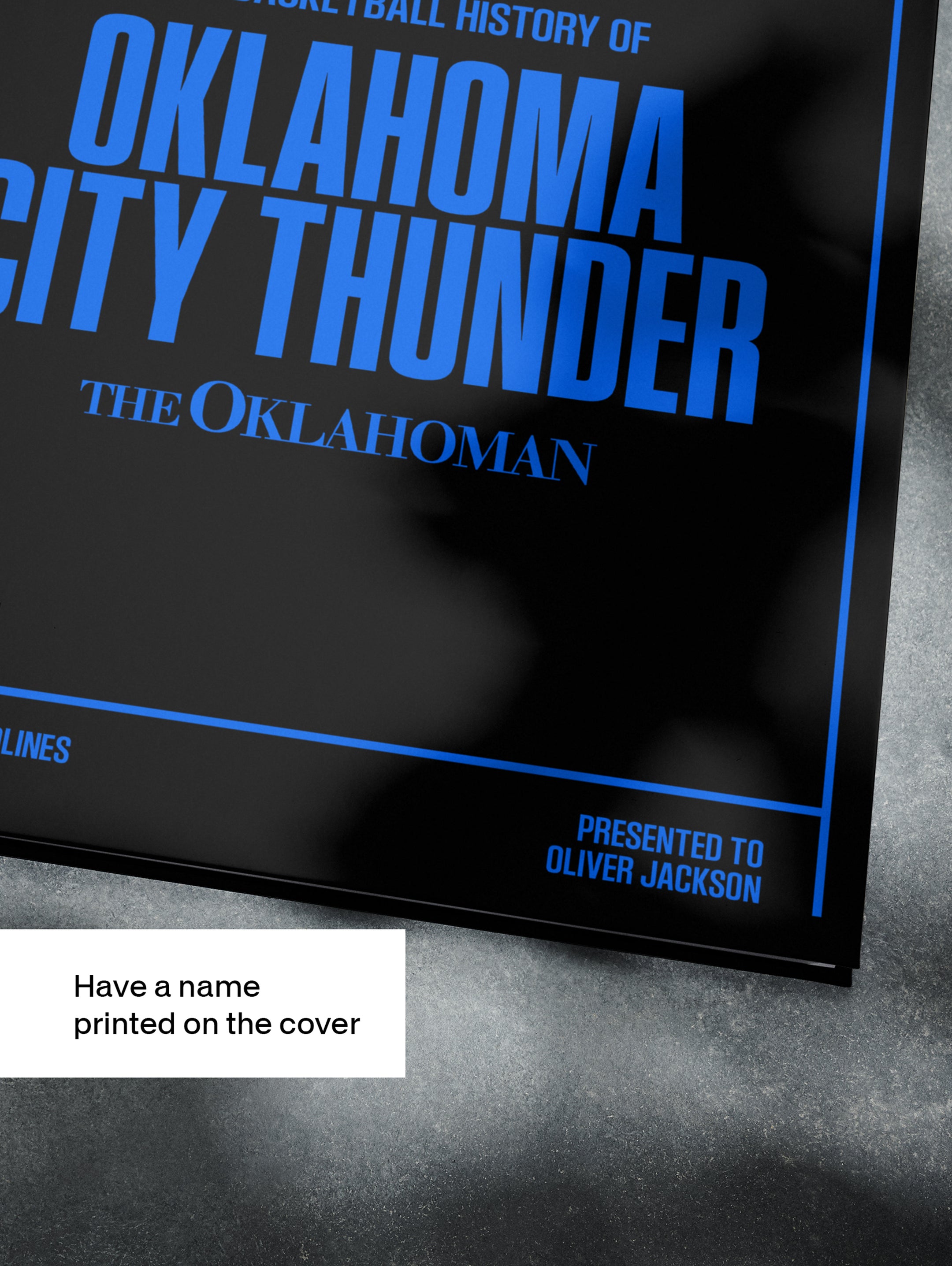 Black and white POD book cover titled "The Basketball History of Oklahoma City Thunder" by Historic Newspapers, featuring a vintage basketball scene.