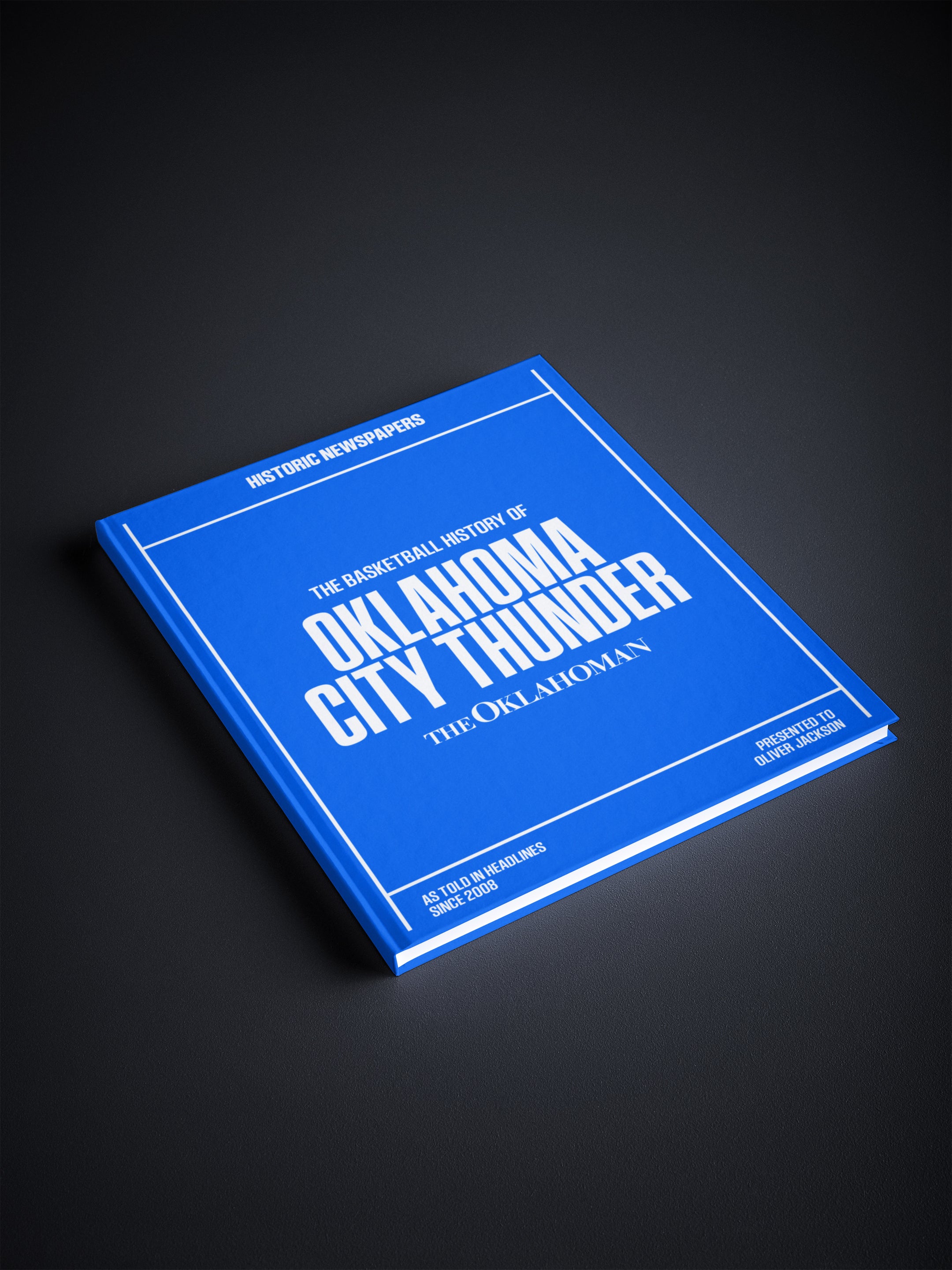 Historic Newspapers POD book titled "The Basketball History of Oklahoma City Thunder" with a blue cover and basketball-themed design.