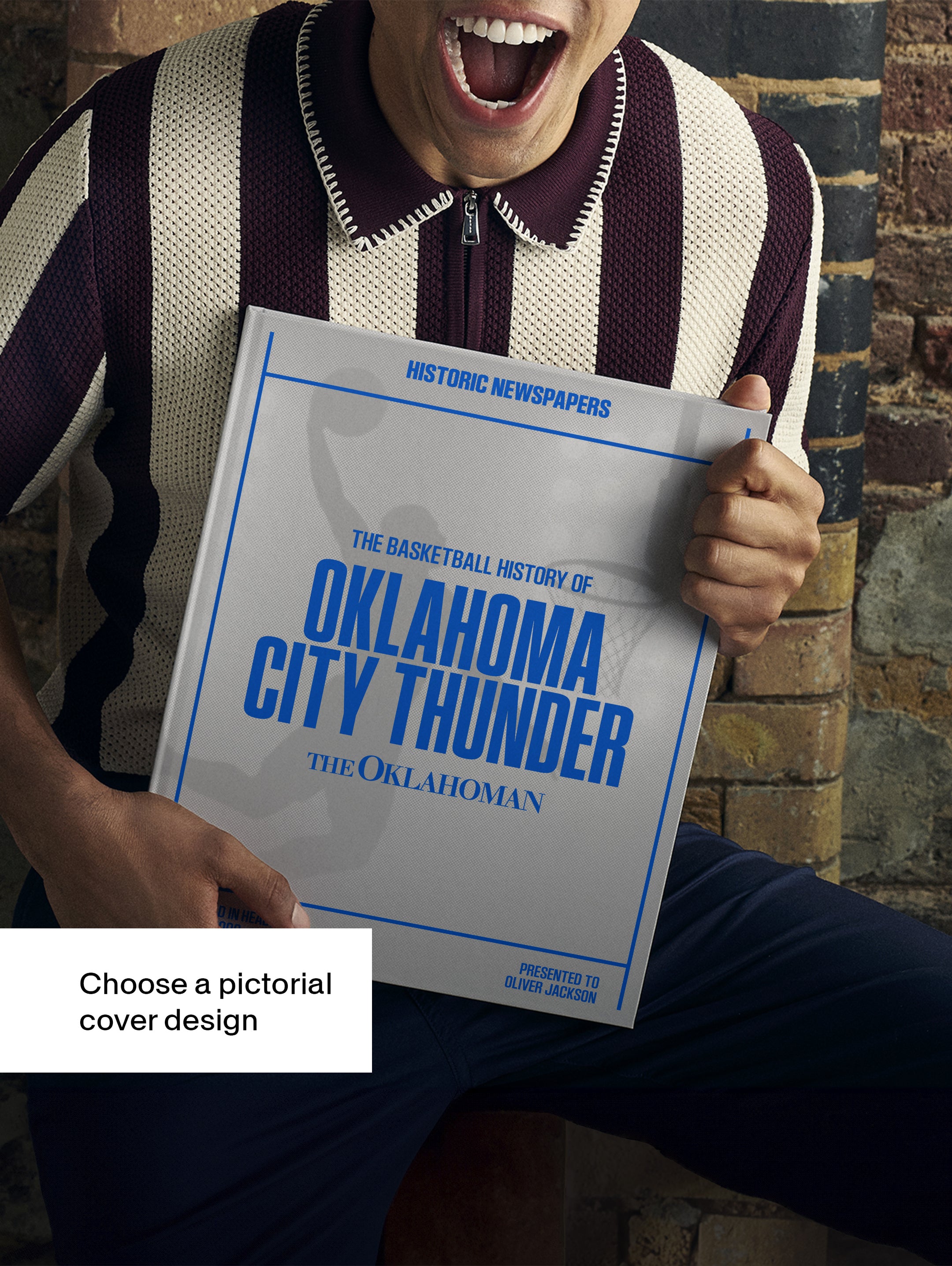 Historic Newspapers POD book titled The Basketball History of Oklahoma City Thunder, featuring a white background and basketball imagery.