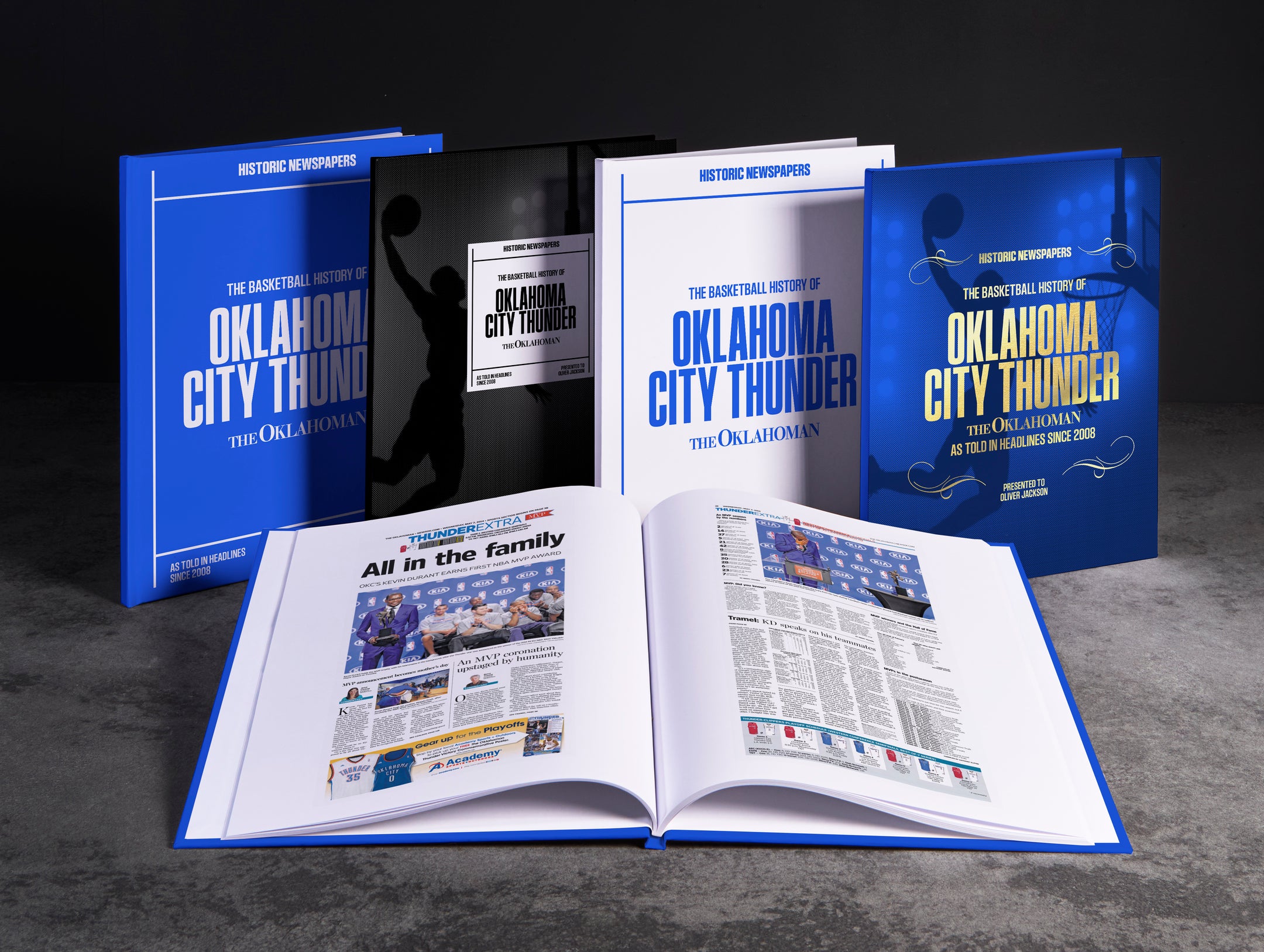 Historic Newspapers POD book titled "The Basketball History of Oklahoma City Thunder" featuring a cover image of a basketball and team logo.