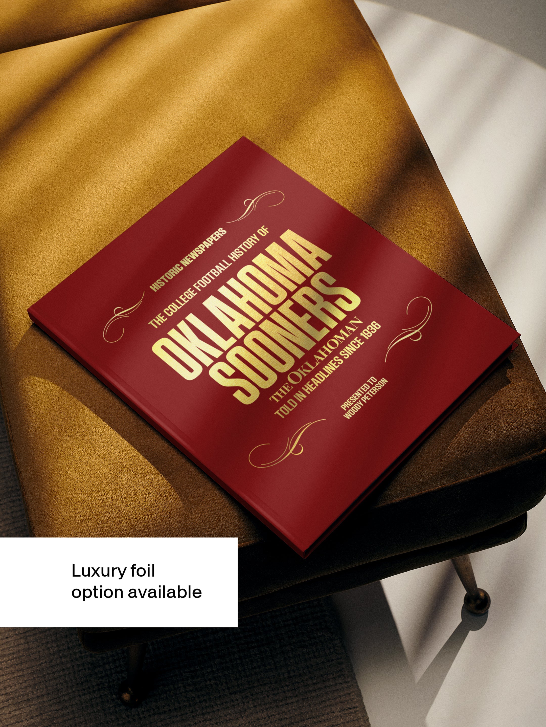 Historic Newspapers POD book titled "The College Football History of Oklahoma Sooners" featuring maroon foil cover, showcasing team history.