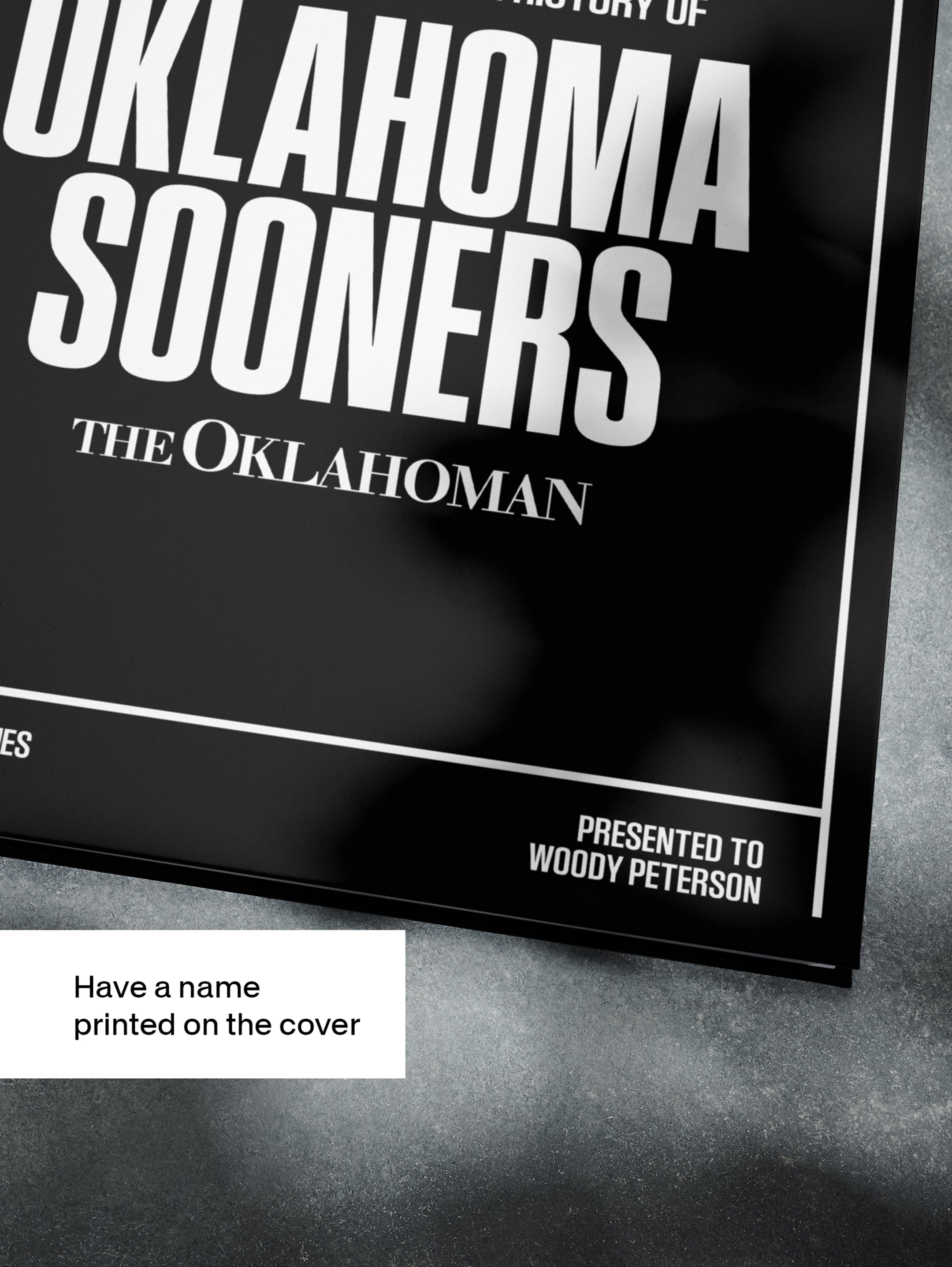 Black and white POD book cover of Oklahoma Sooners college football history by Historic Newspapers, featuring vintage football imagery.