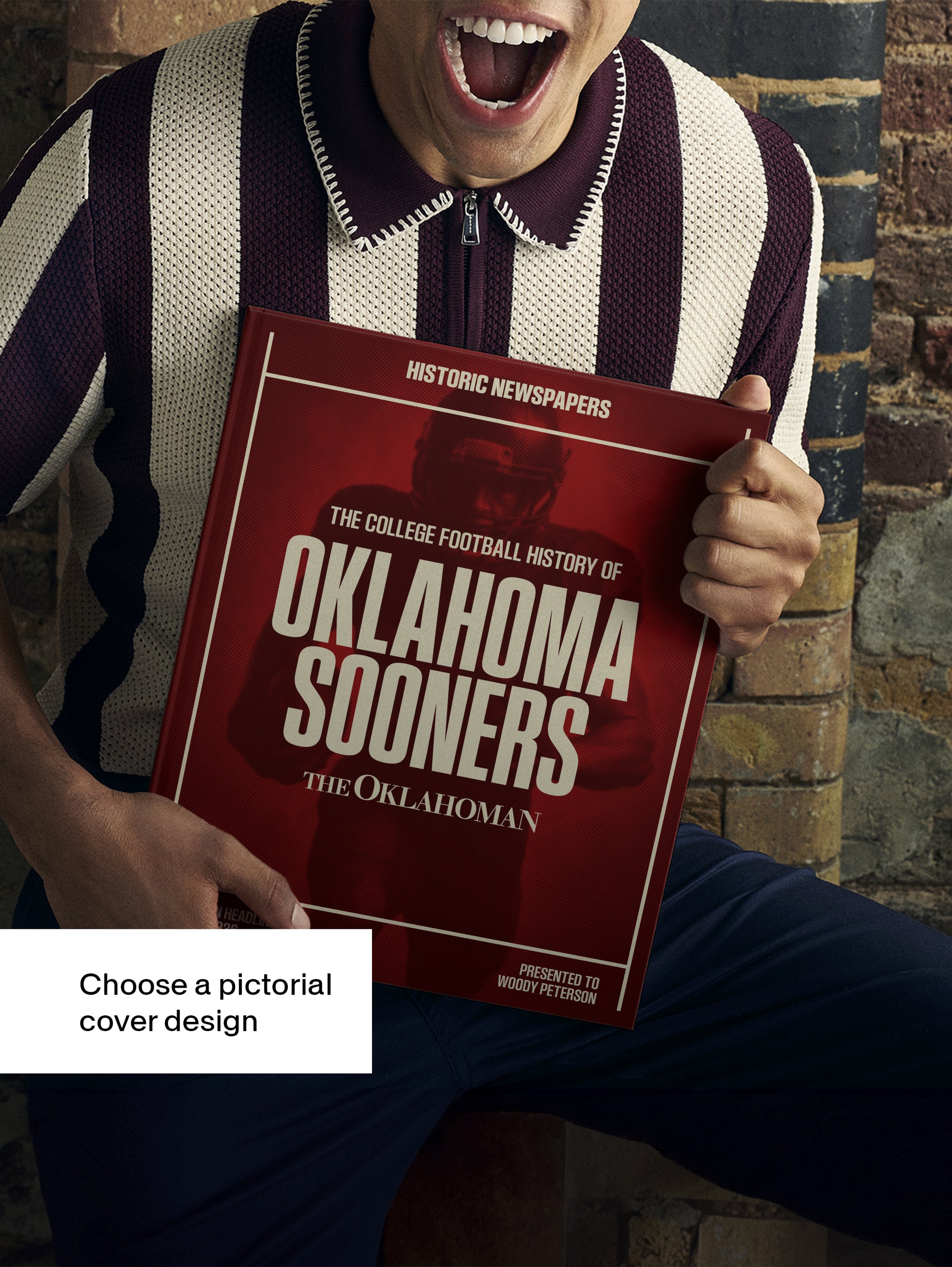Historic Newspapers POD book featuring Oklahoma Sooners college football history with a maroon cover and vintage sports newsstand image.