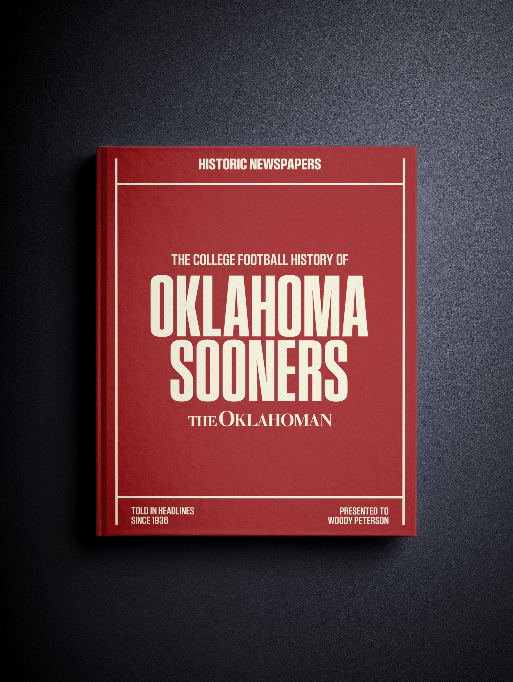 Historic Newspapers POD book titled "The College Football History of Oklahoma Sooners" featuring a maroon cover and vintage sports images.