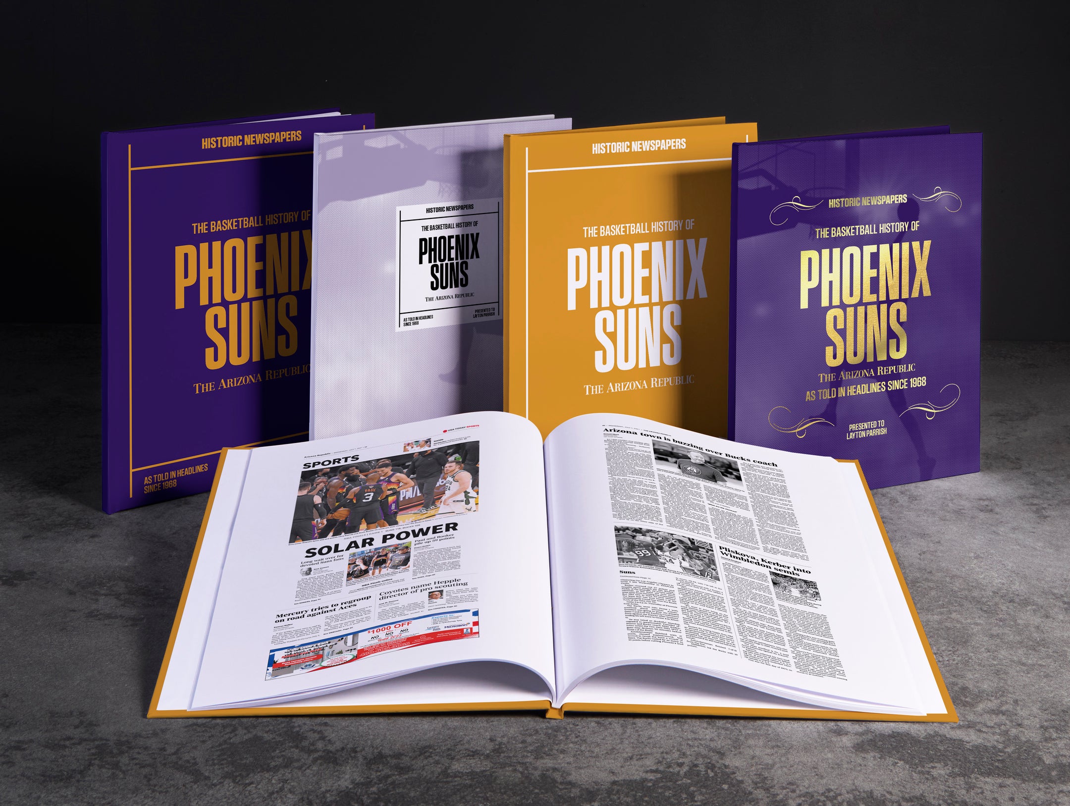 A POD book titled "The Basketball History of Phoenix Suns" by Historic Newspapers featuring a cover image with basketball and Phoenix Suns branding.