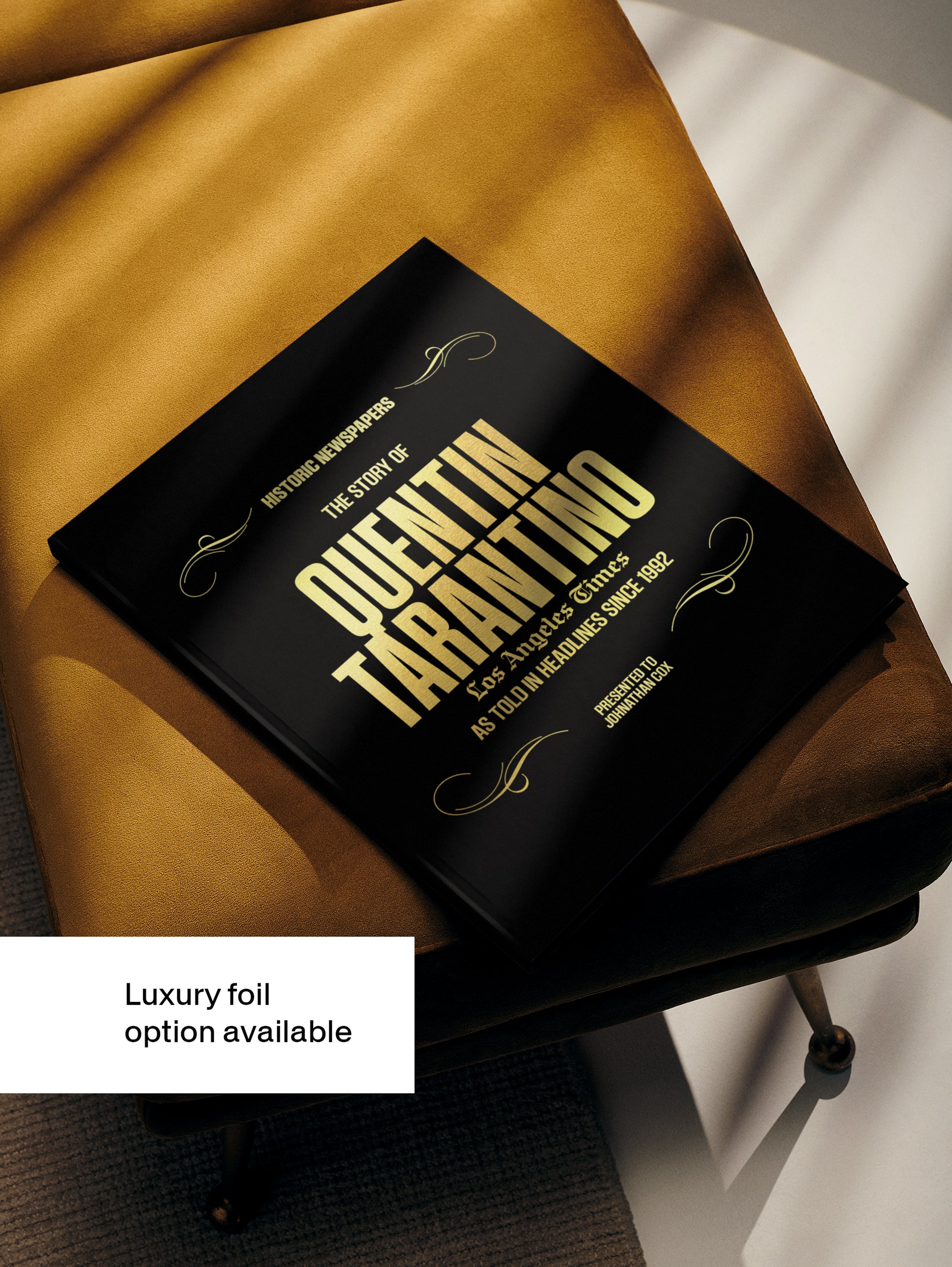 POD book titled The Story of Quentin Tarantino Los Angeles Times Edition by Historic Newspapers, featuring a black foil cover.