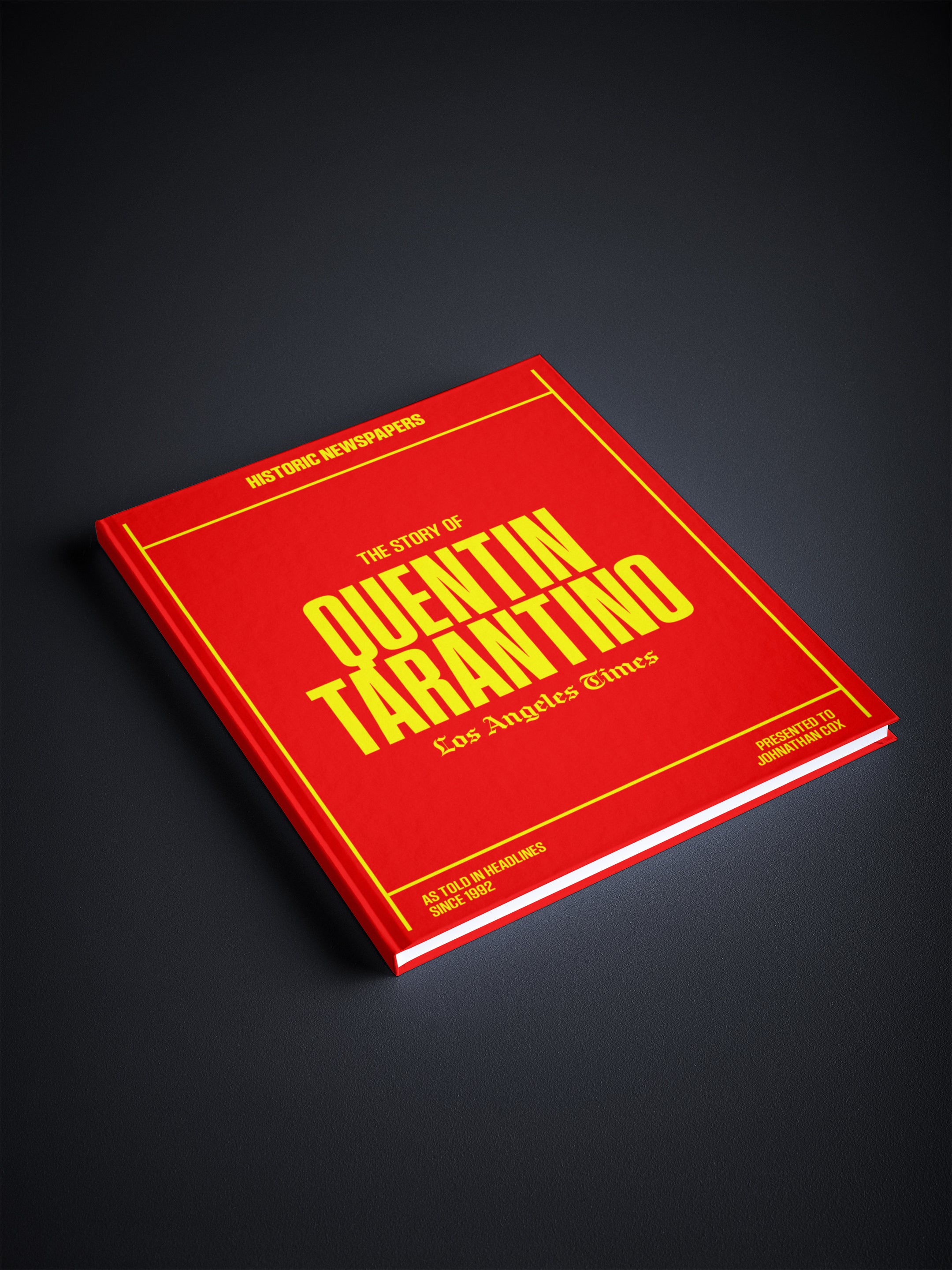 POD book titled "The Story of Quentin Tarantino" by Historic Newspapers, featuring a Los Angeles Times edition with Tarantino on a red newsstand.