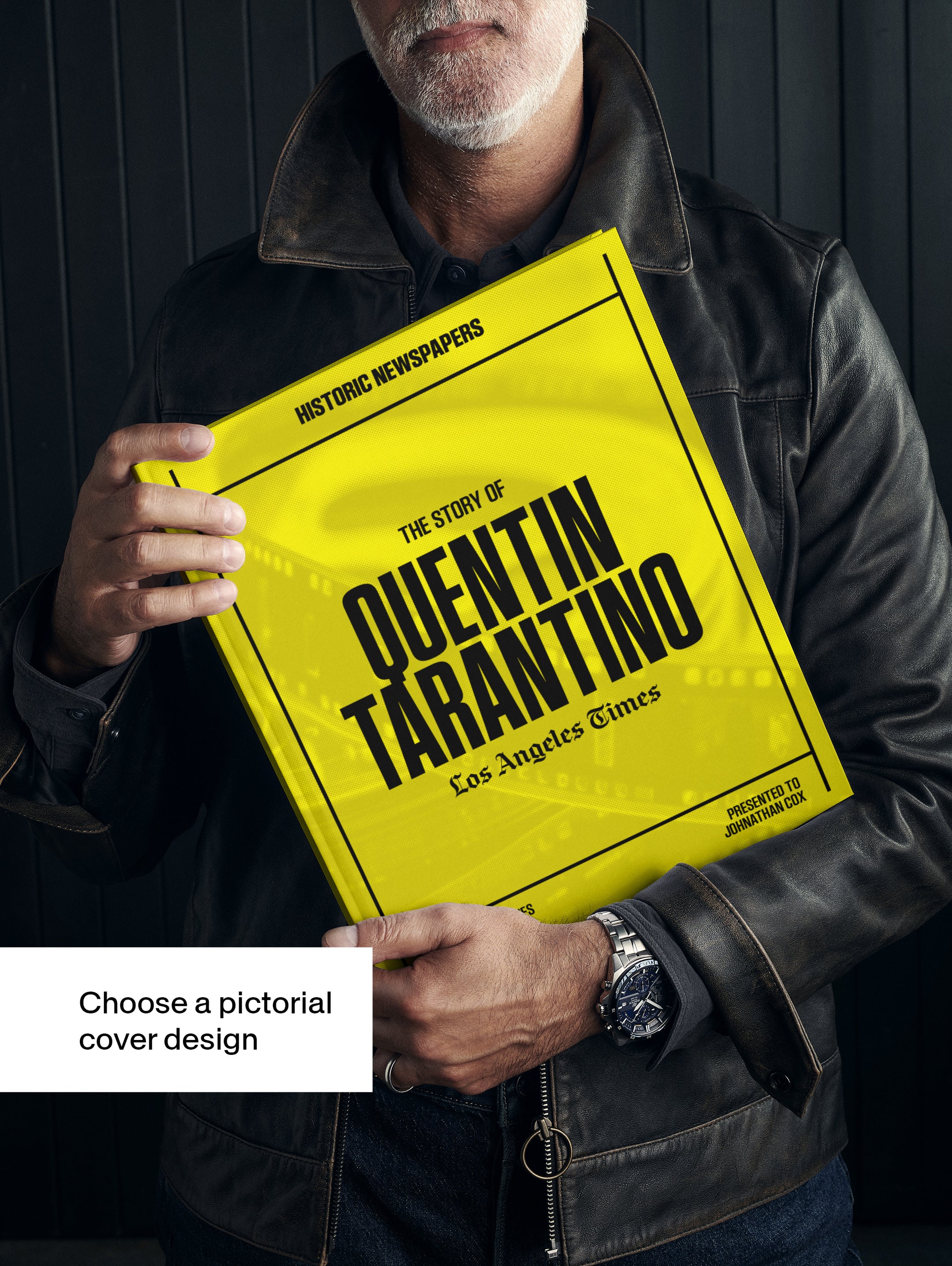 Cover of The Story of Quentin Tarantino Los Angeles Times edition POD book by Historic Newspapers, featuring Tarantino's image on a yellow background.