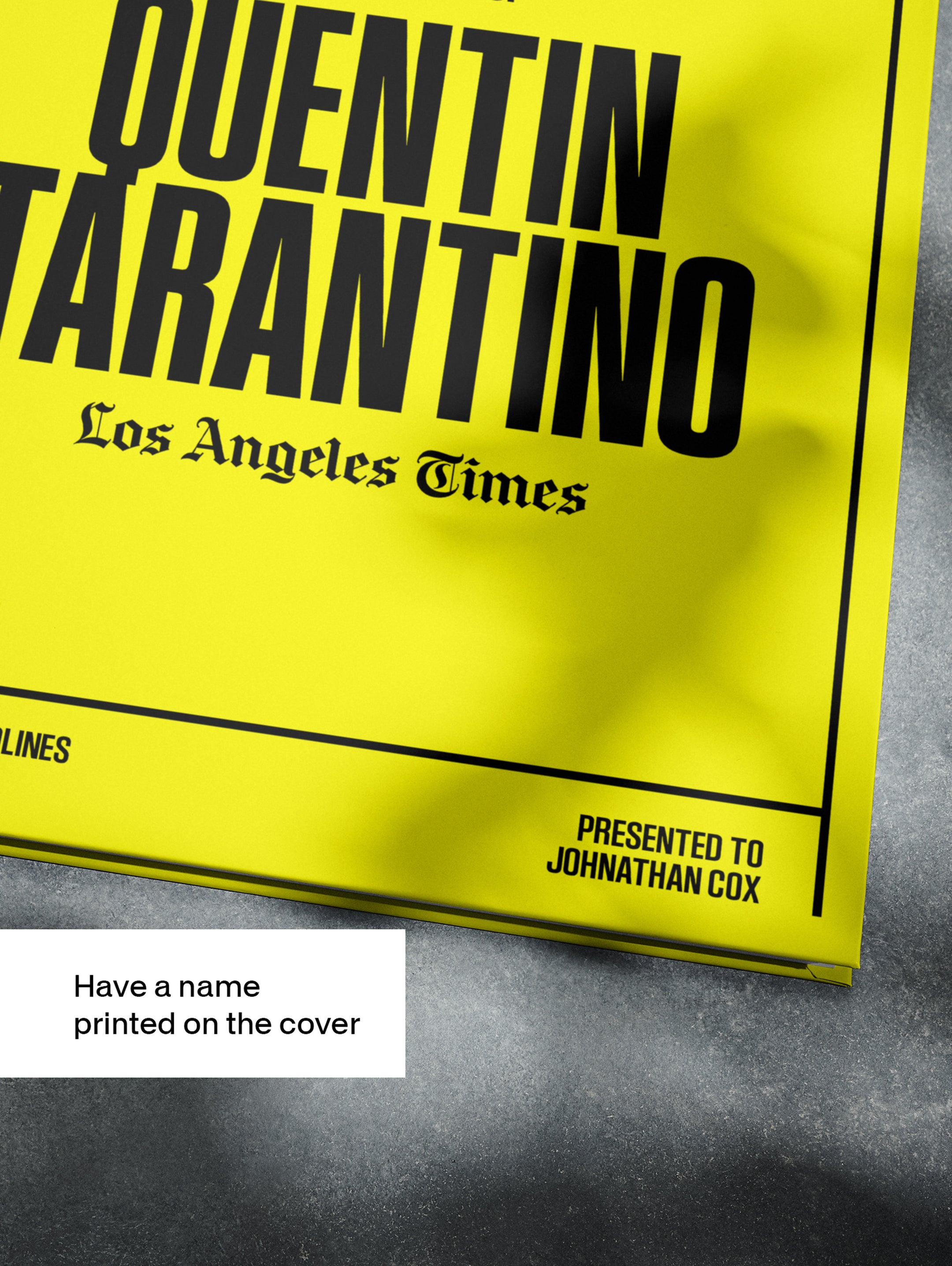 POD book titled "The Story of Quentin Tarantino" from Los Angeles Times Edition, featuring a yellow newsstand cover with Tarantino image.