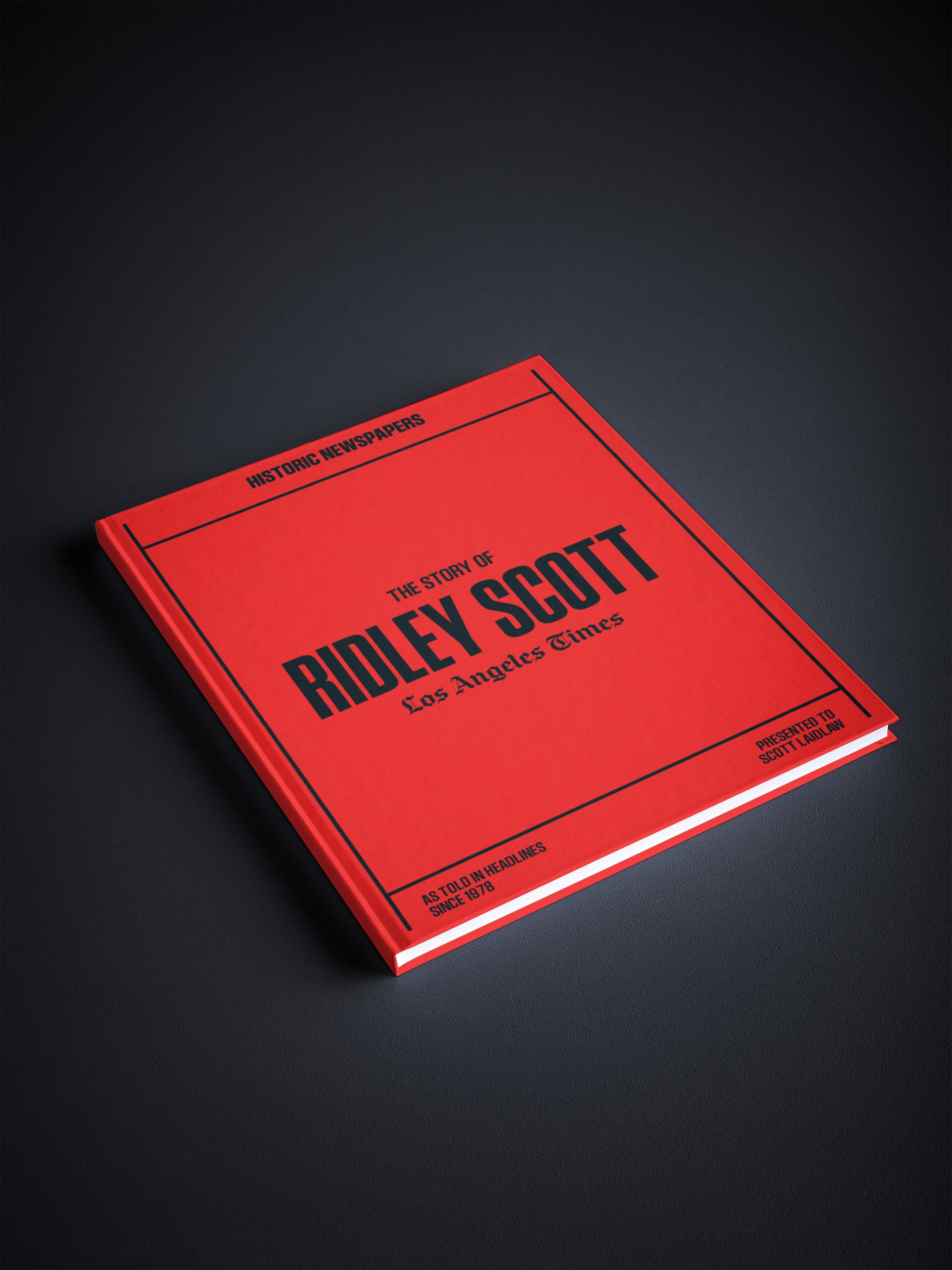 POD book titled "The Story of Ridley Scott" by Historic Newspapers, featuring a red Los Angeles Times edition newspaper.