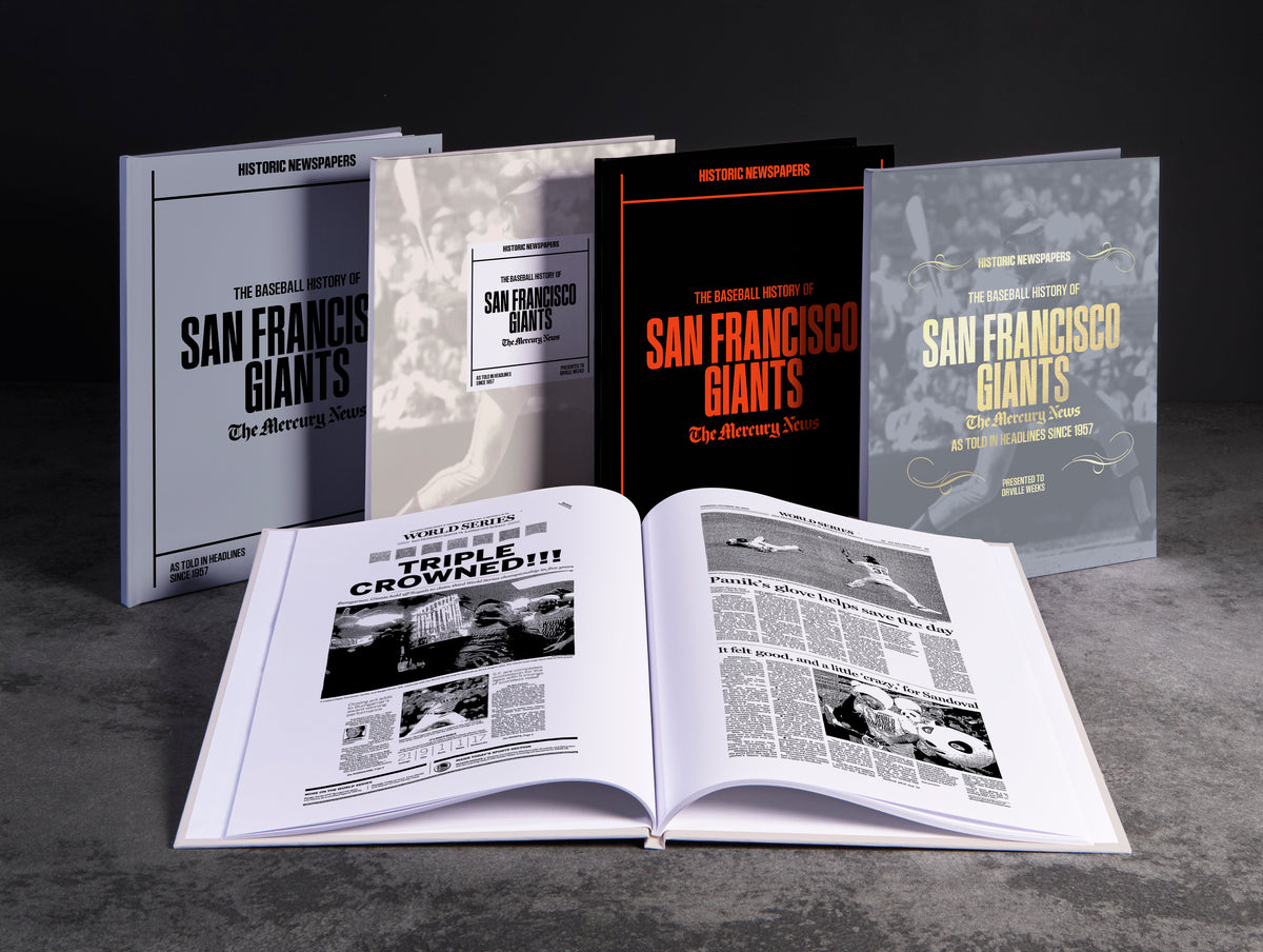 Foil-covered POD book titled "The Baseball History of the San Francisco Giants" by Historic Newspapers, featuring baseball memorabilia.