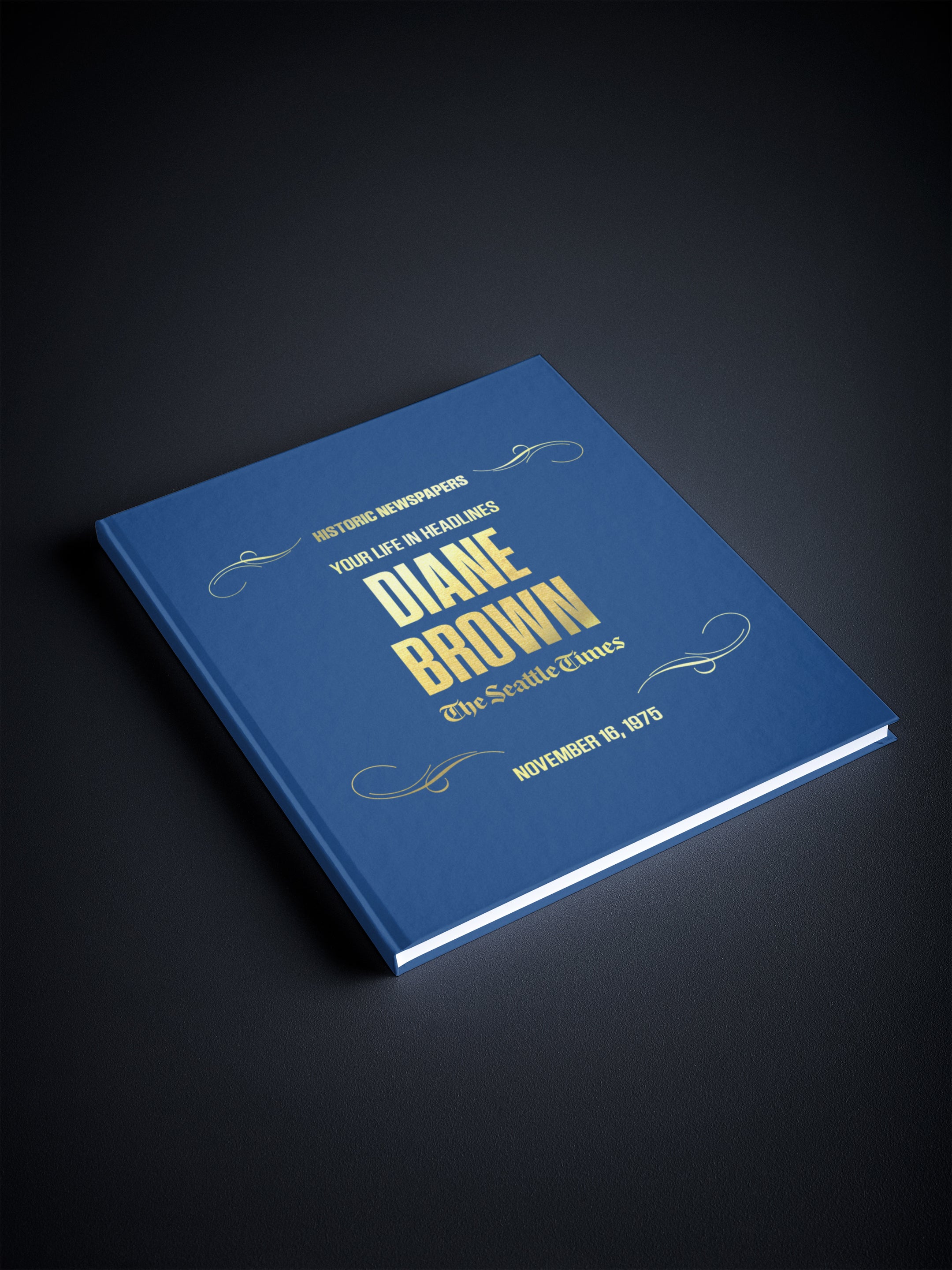 Personalized Seattle Times Birthday Newspaper book by Historic Newspapers with blue foil cover, featuring a custom date and historic newspaper pages.