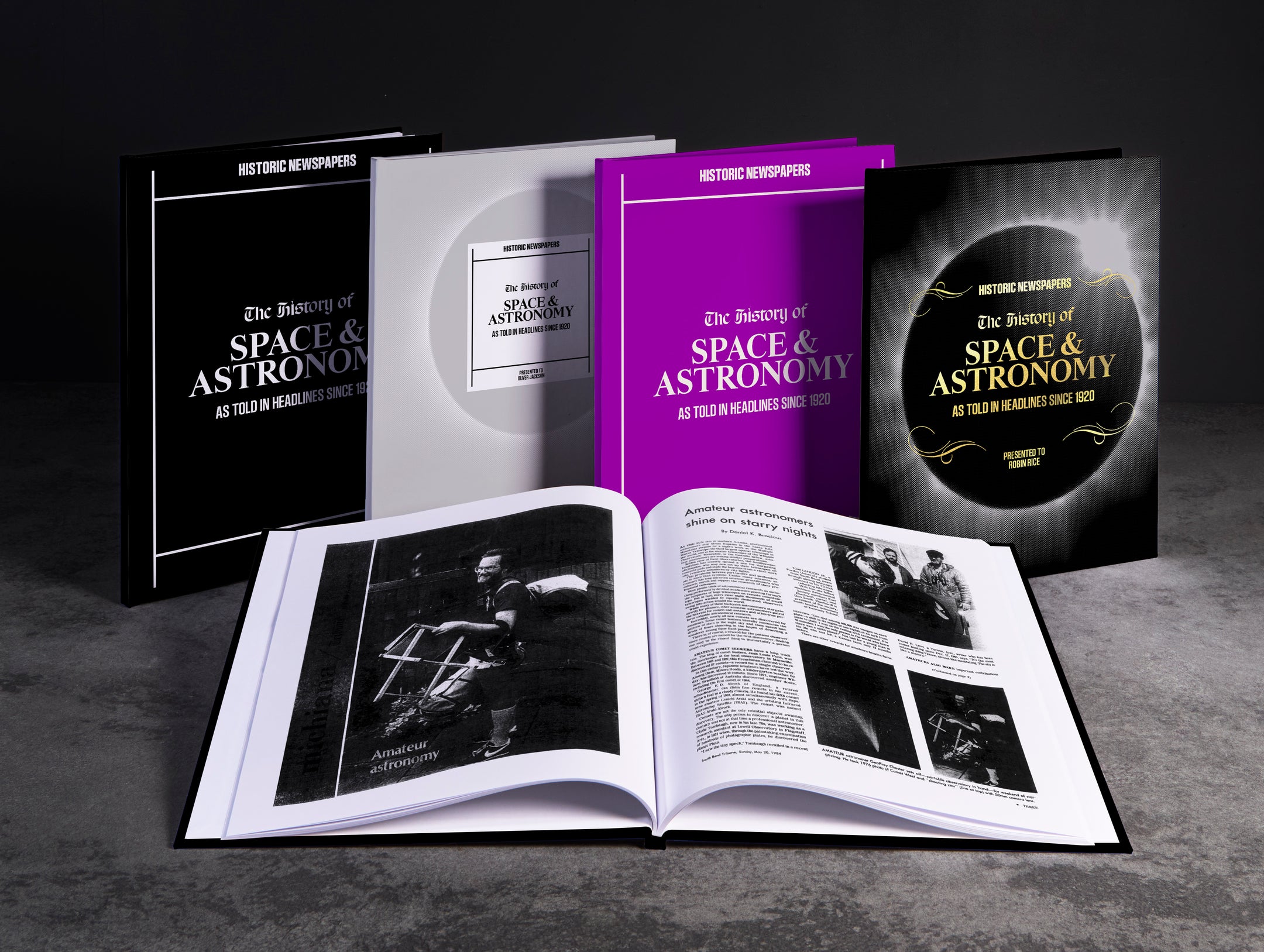 A POD book titled "The History of Space and Astronomy" by Historic Newspapers, featuring space and astronomy-themed cover art.