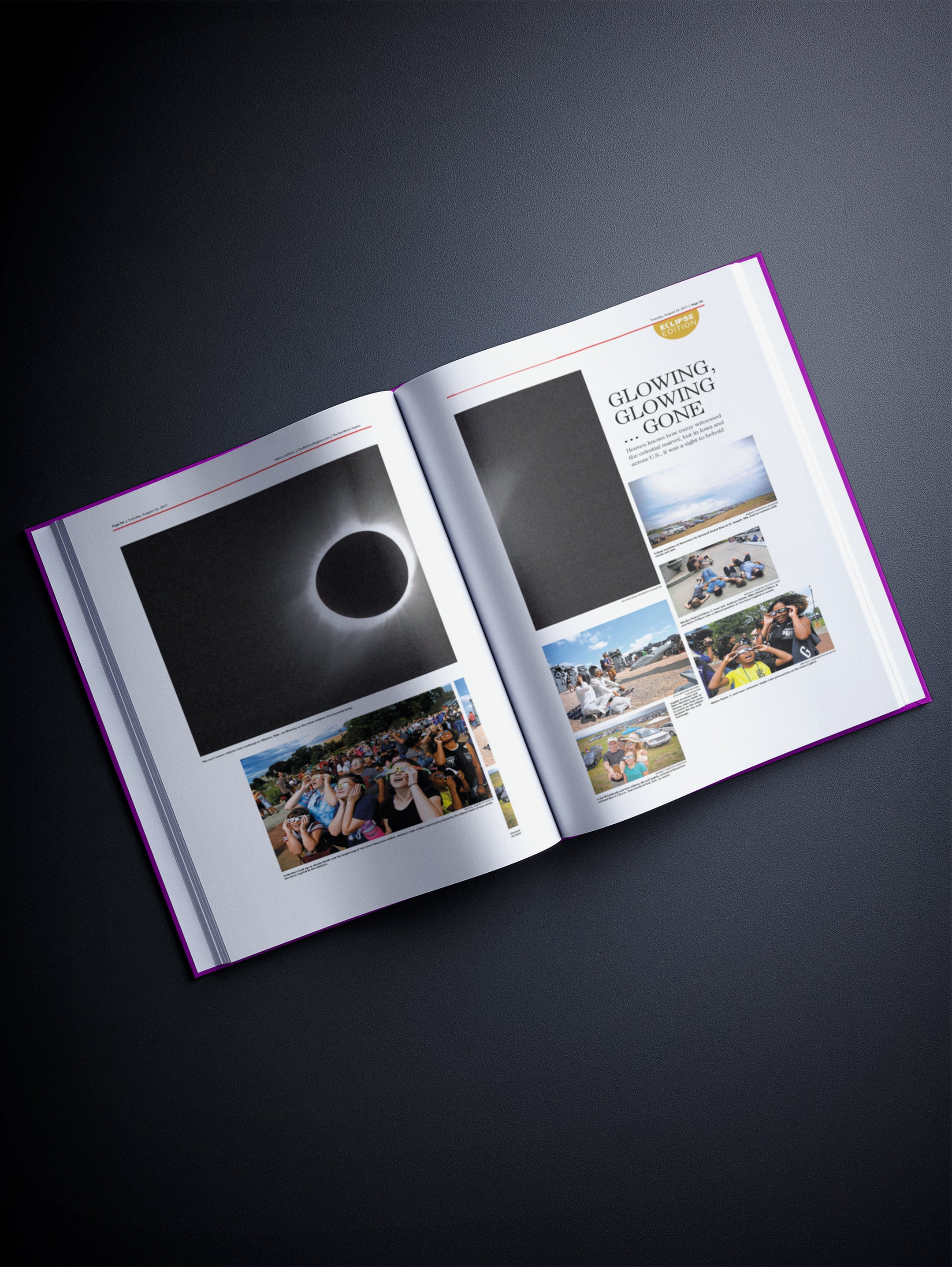 Open copy of The History of Space and Astronomy POD book by Historic Newspapers showing space and astronomy world events spread.