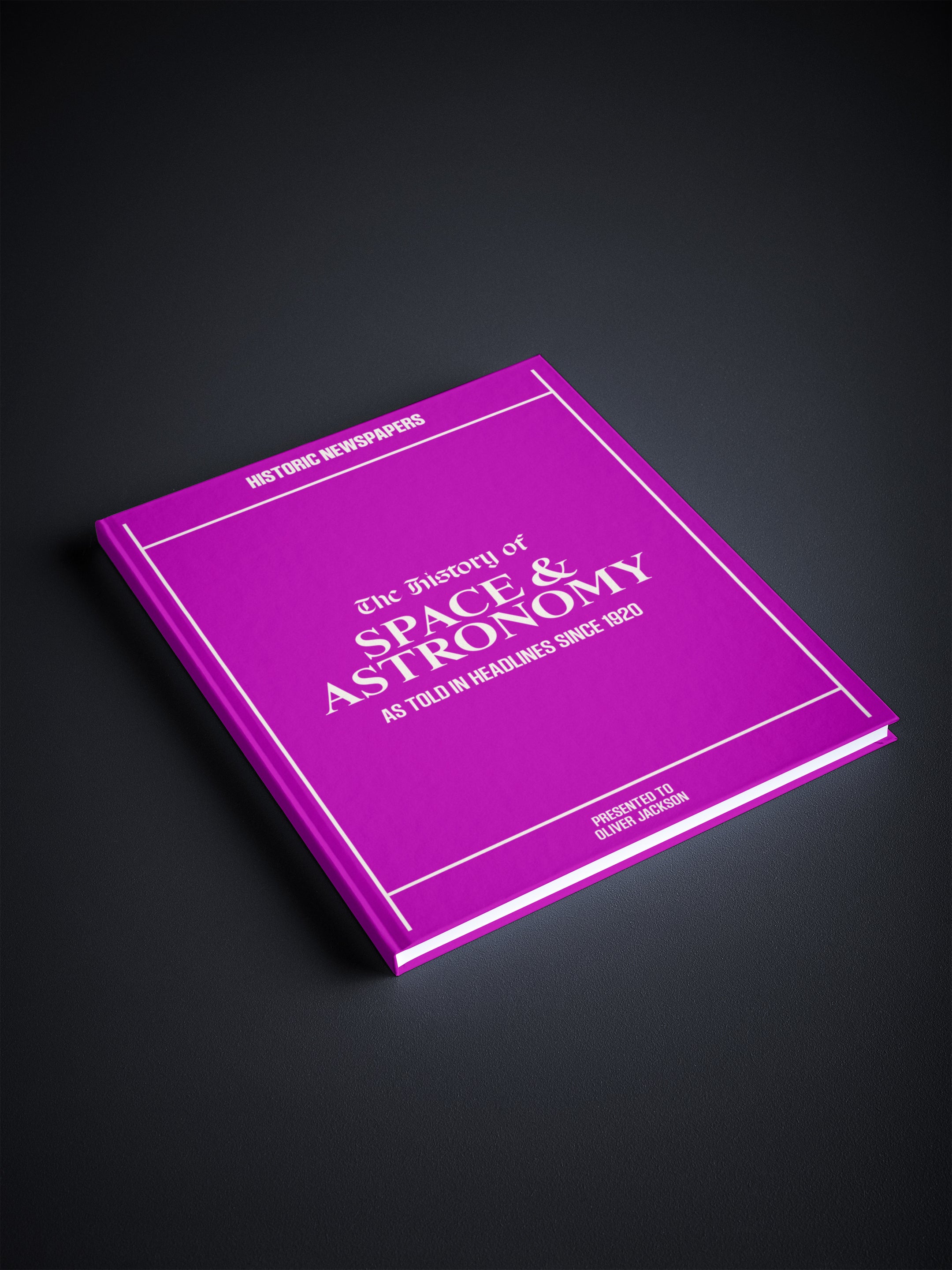 Historic Newspapers space and astronomy history POD book featuring world events and newsstand magazine in vibrant magenta cover.
