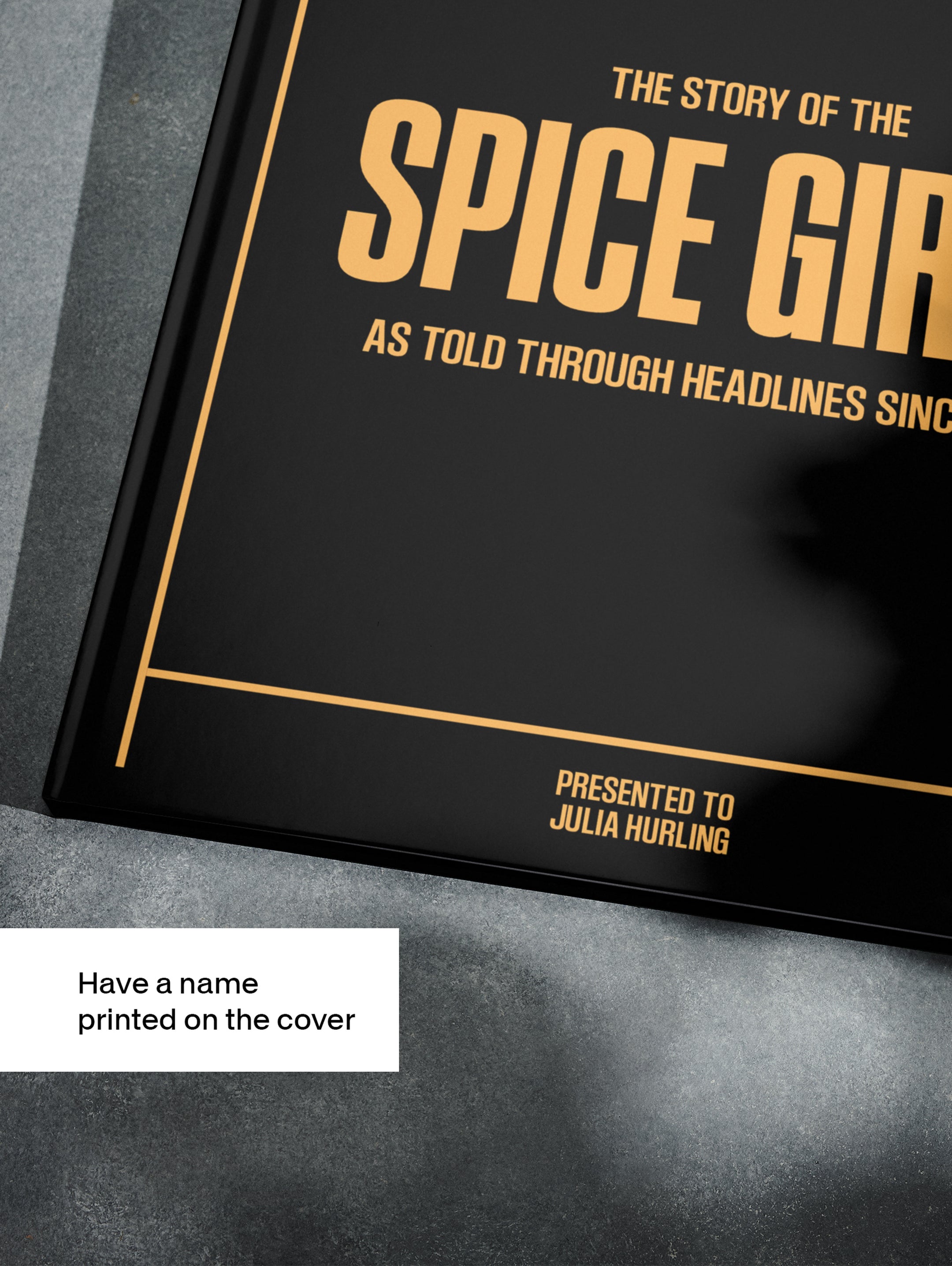 Black and white POD book cover titled "The Story of the Spice Girls" by Historic Newspapers, featuring images of Spice Girls memorabilia.