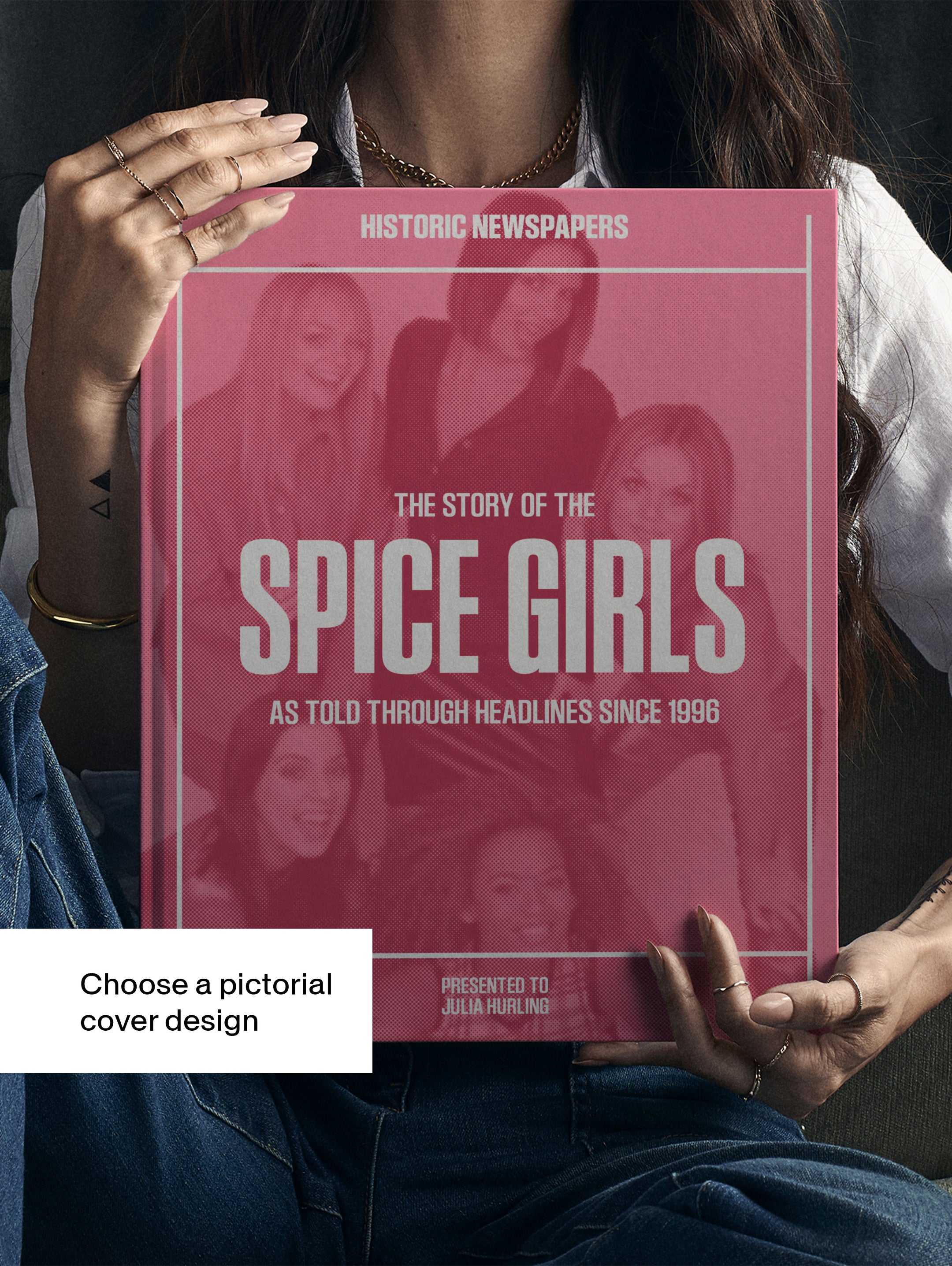 Cover image of "The Story of the Spice Girls" POD book by Historic Newspapers featuring a peach-colored Spice Girls magazine cover.