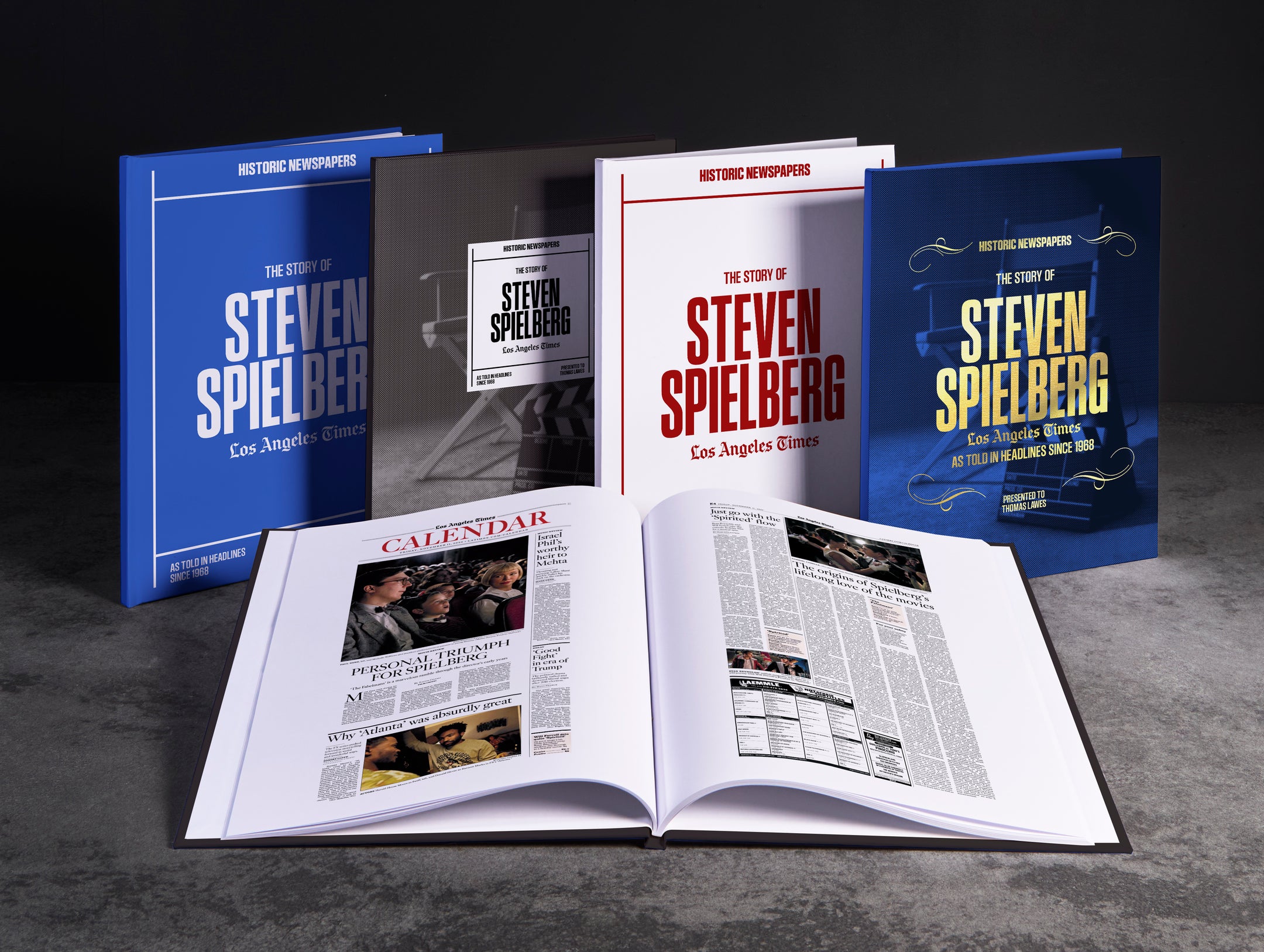 POD book titled "The Story of Steven Spielberg" by Historic Newspapers, featuring a cover image with Spielberg and film scenes.