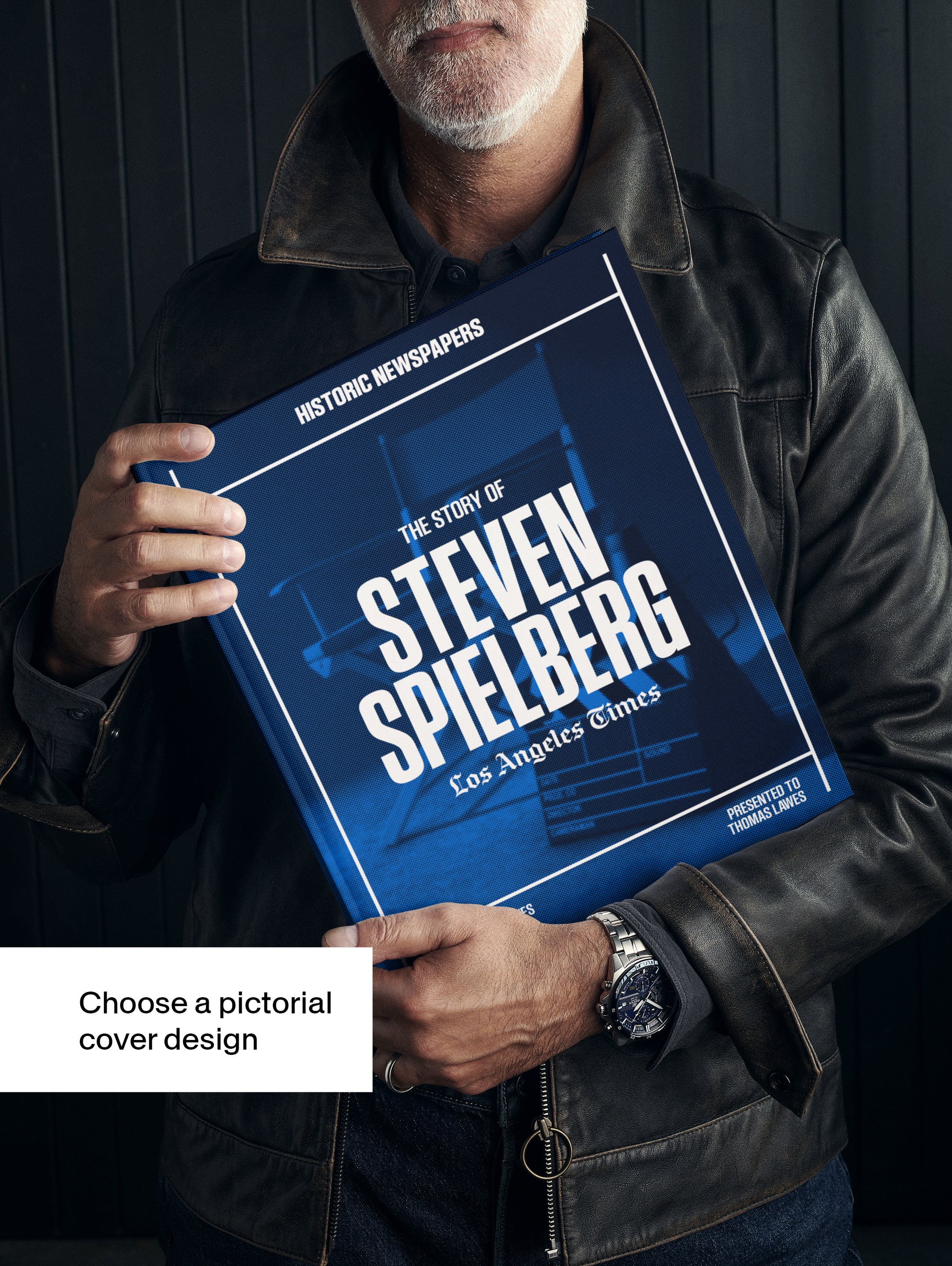 Cover of The Story of Steven Spielberg POD book by Historic Newspapers, featuring a blue-tinted image of Spielberg on the Los Angeles Times edition.