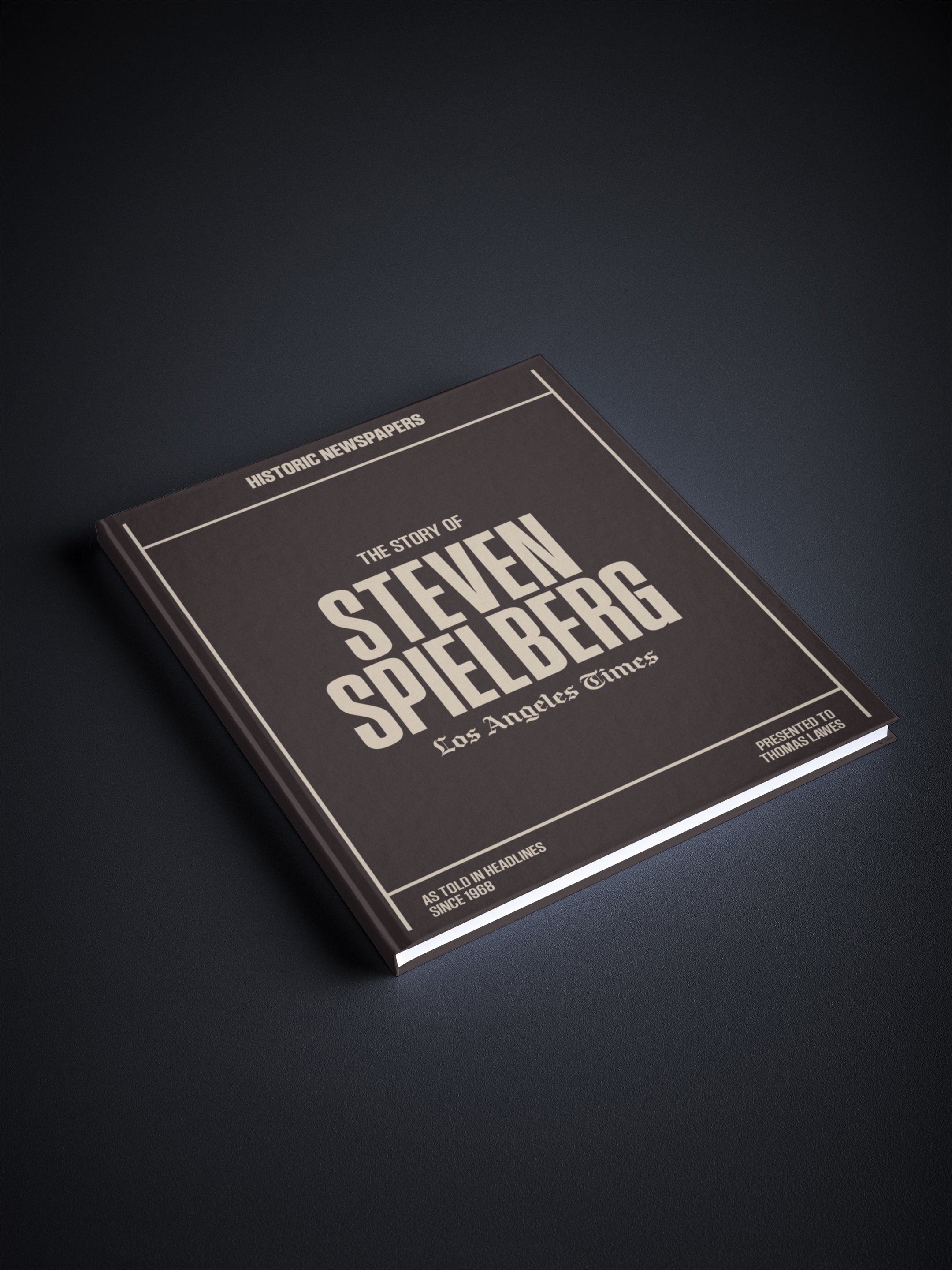 POD book titled "The Story of Steven Spielberg" by Historic Newspapers, featuring a Los Angeles Times cover image.